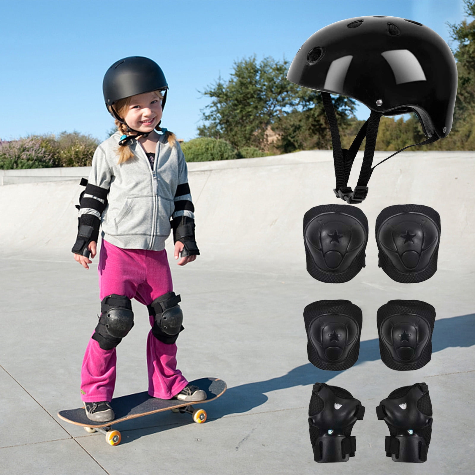 Darzheoy Kids Helmet Knee Elbow Pads Wrist Guard Sport Protective Gear Adjustable Scooter Skateboard Roller Bike Skate Cycling Set for Boy Girl Black - Image 4