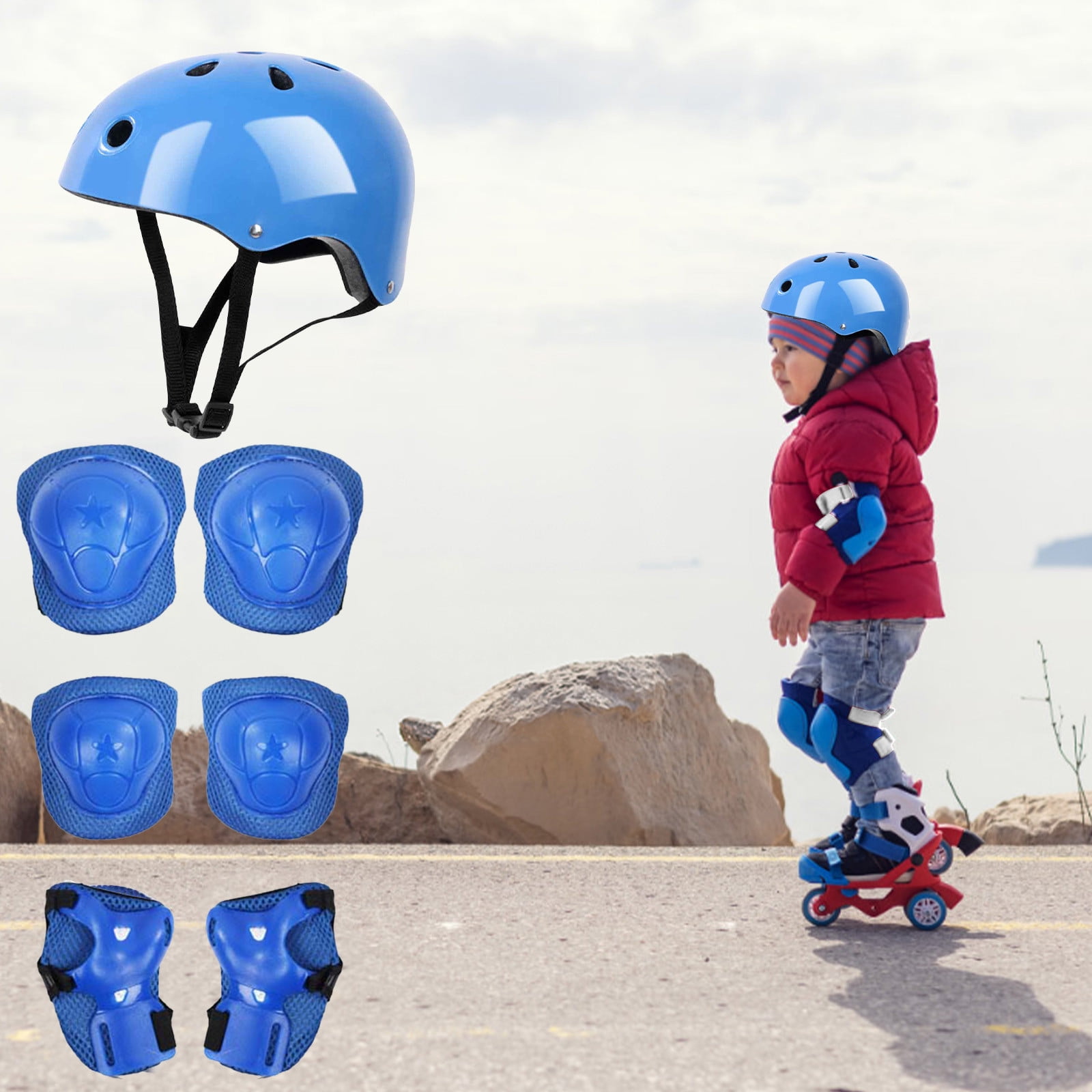 Darzheoy Kids Helmet Knee Elbow Pads Wrist Guard Sport Protective Gear Adjustable Scooter Skateboard Roller Bike Skate Cycling Set for Boy Girl Blue - Image 3