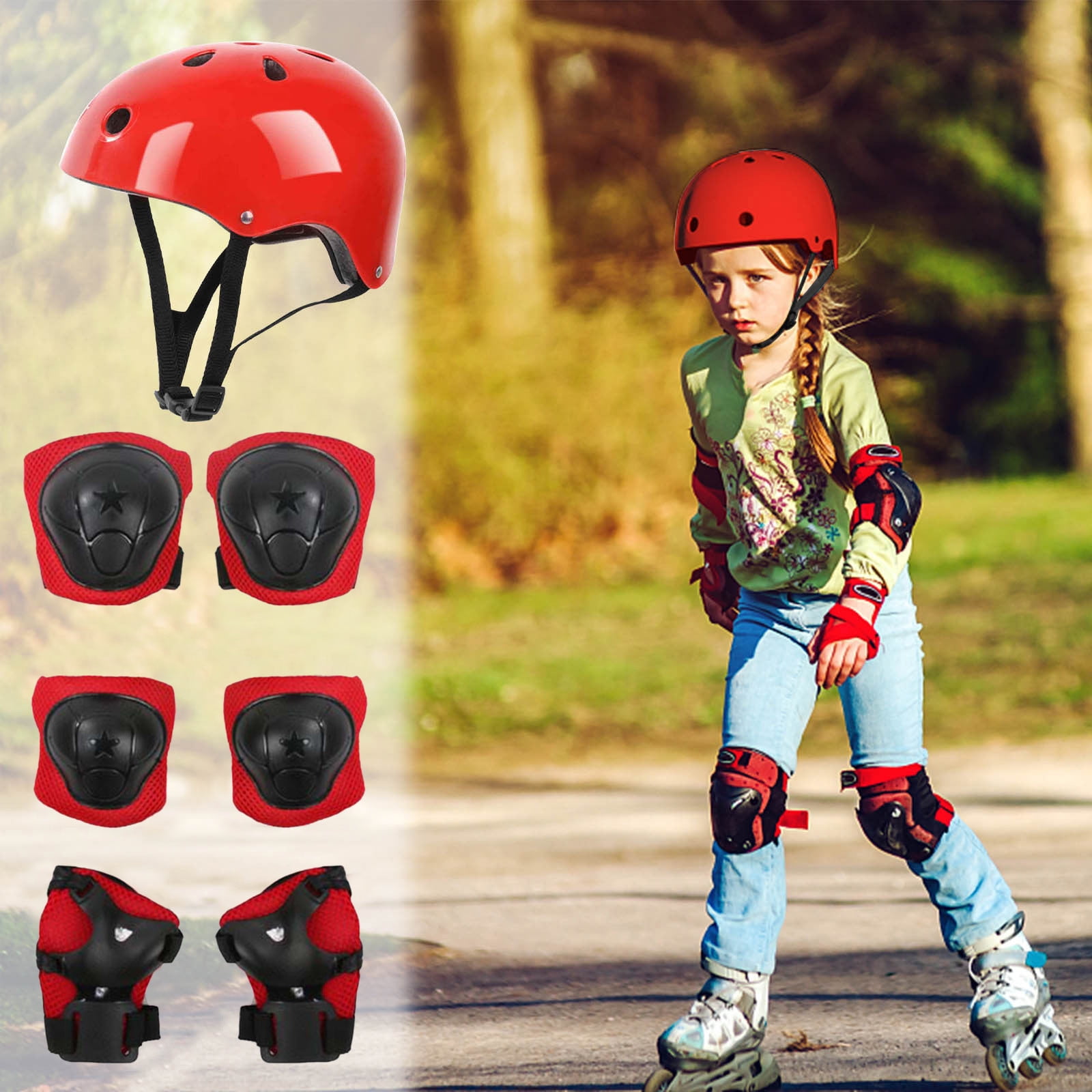 Darzheoy Kids Helmet Knee Elbow Pads Wrist Guard Sport Protective Gear Adjustable Scooter Skateboard Roller Bike Skate Cycling Set for Boy Girl Red - Image 3