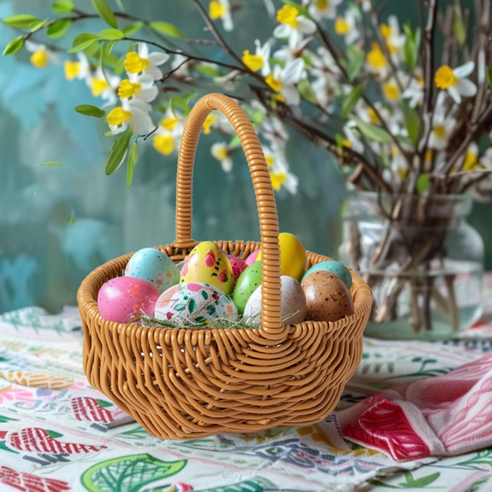 Chmadoxn Easter Basket, Handwoven Rattan Flower Basket for Bouquet, Home Decor & Wedding Centerpiece - Natural Woven Storage Basket with Handle, Serviceable & Lightweight Floral Display - Spring Decor - Image 1