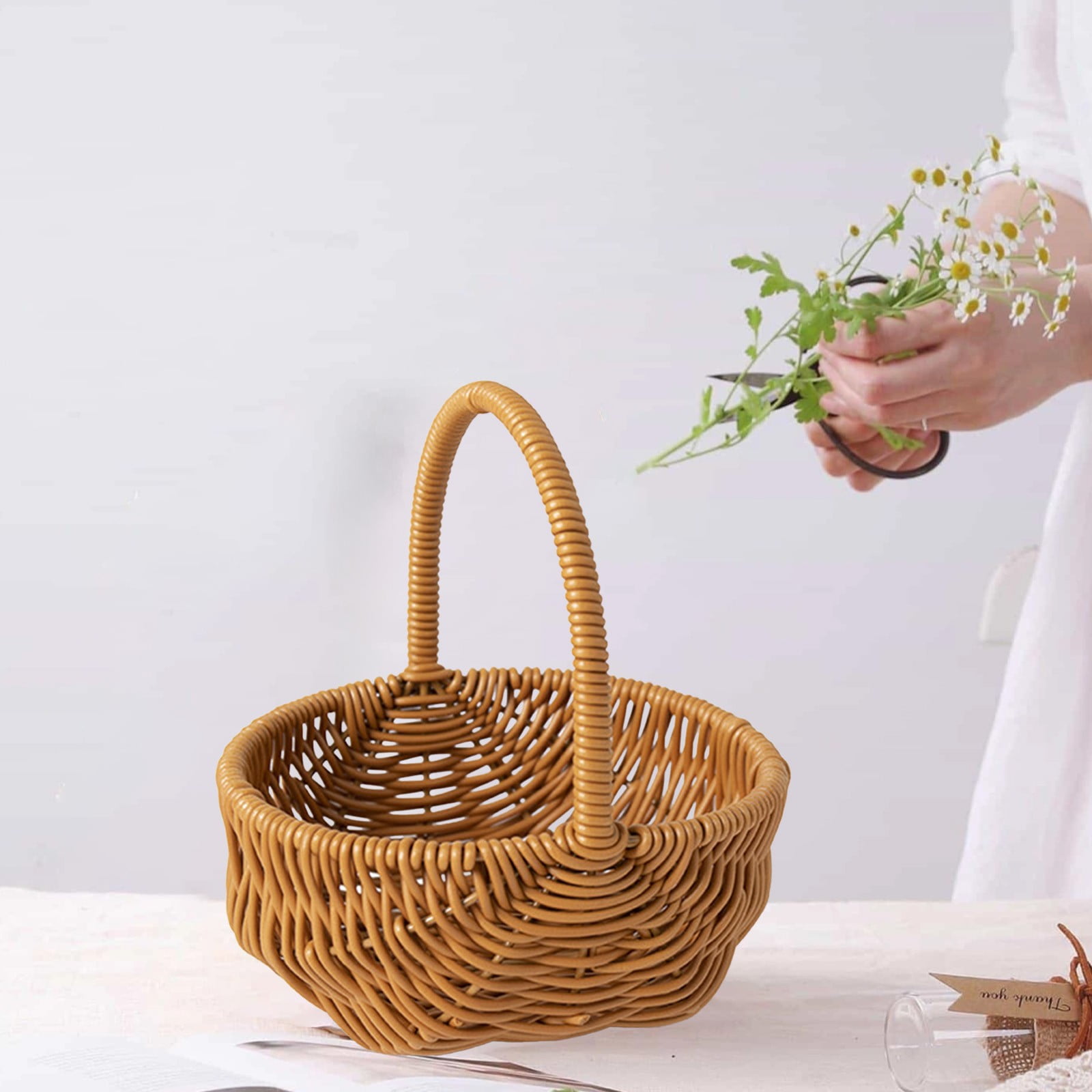 Chmadoxn Easter Basket, Handwoven Rattan Flower Basket for Bouquet, Home Decor & Wedding Centerpiece - Natural Woven Storage Basket with Handle, Serviceable & Lightweight Floral Display - Spring Decor - Image 6