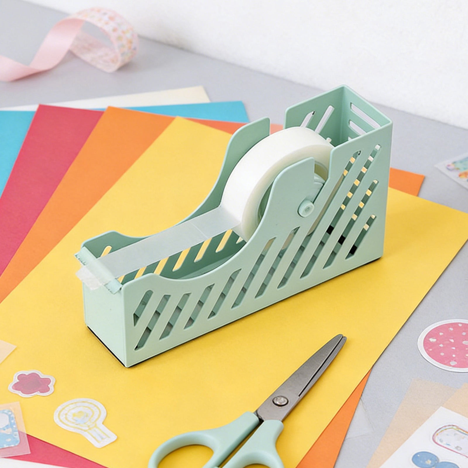 Darzheoy Desktop Tape Dispenser Adhesive Roll Holder Desk Accessories Home Office Tape Dispensers, Weighted Non-Skid Base X-Green - Image 3