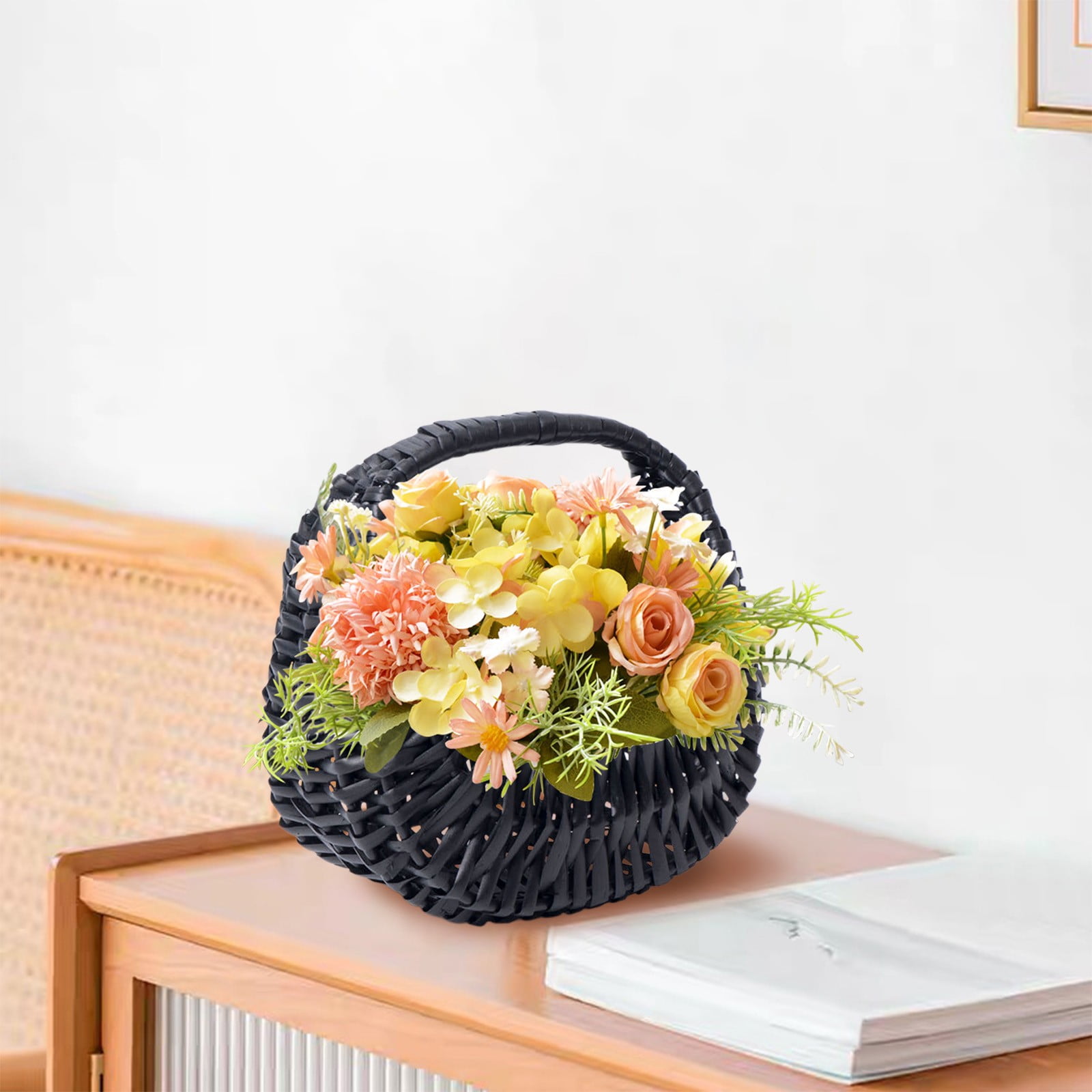 Darzheoy Wicker Basket with Handle, Wicker Shopping Basket, Picnic Baskets, Wicker Storage Basket, Rattan Basket for Wedding Black - Image 3
