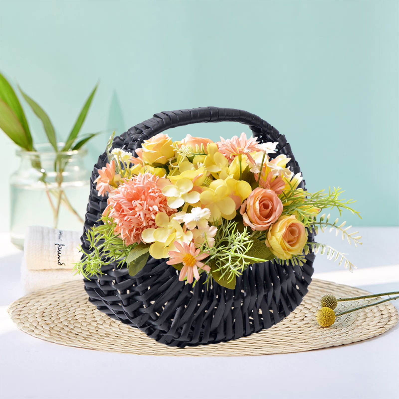 Darzheoy Wicker Basket with Handle, Wicker Shopping Basket, Picnic Baskets, Wicker Storage Basket, Rattan Basket for Wedding Black - Image 5