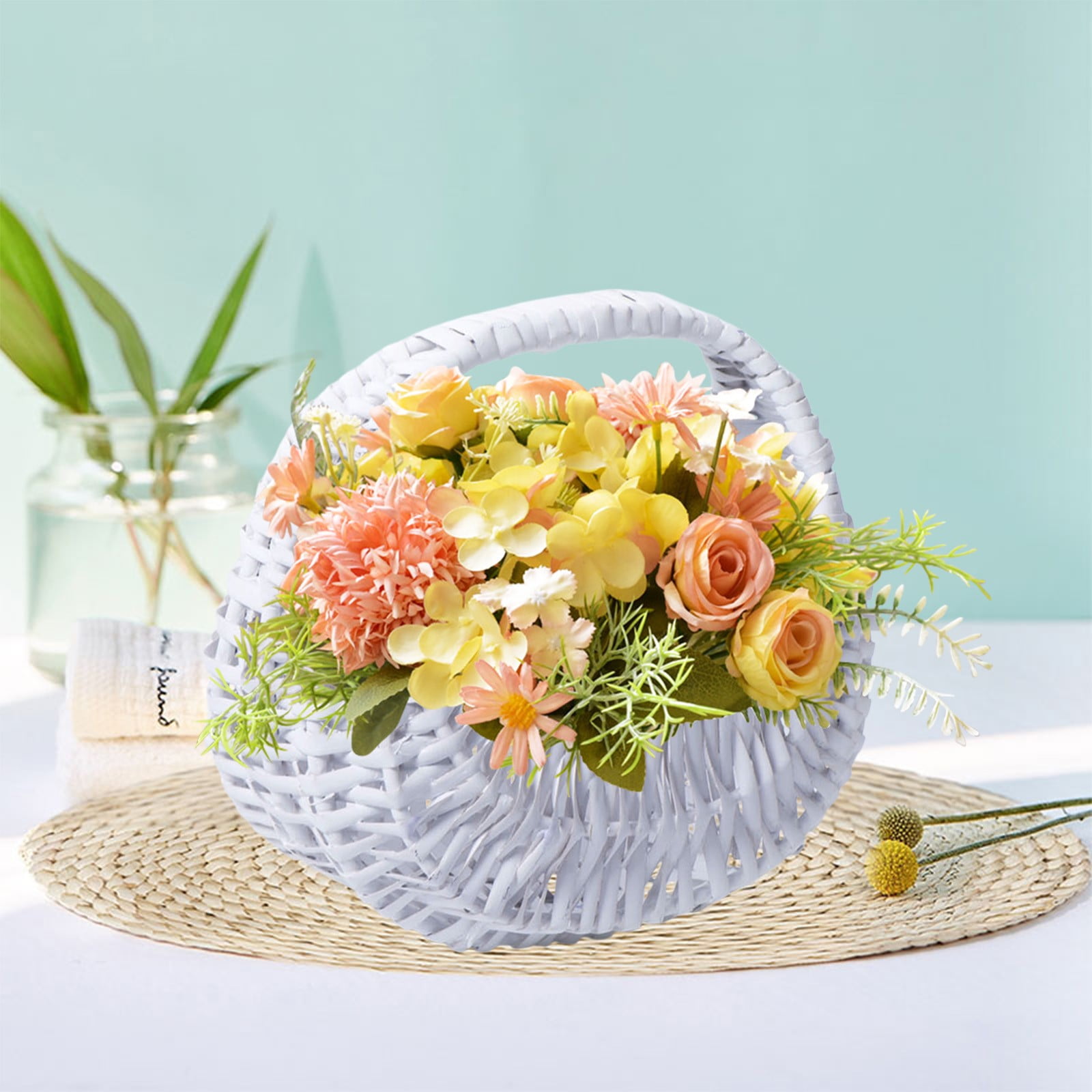 Darzheoy Wicker Basket with Handle, Wicker Shopping Basket, Picnic Baskets, Wicker Storage Basket, Rattan Basket for Wedding White - Image 3