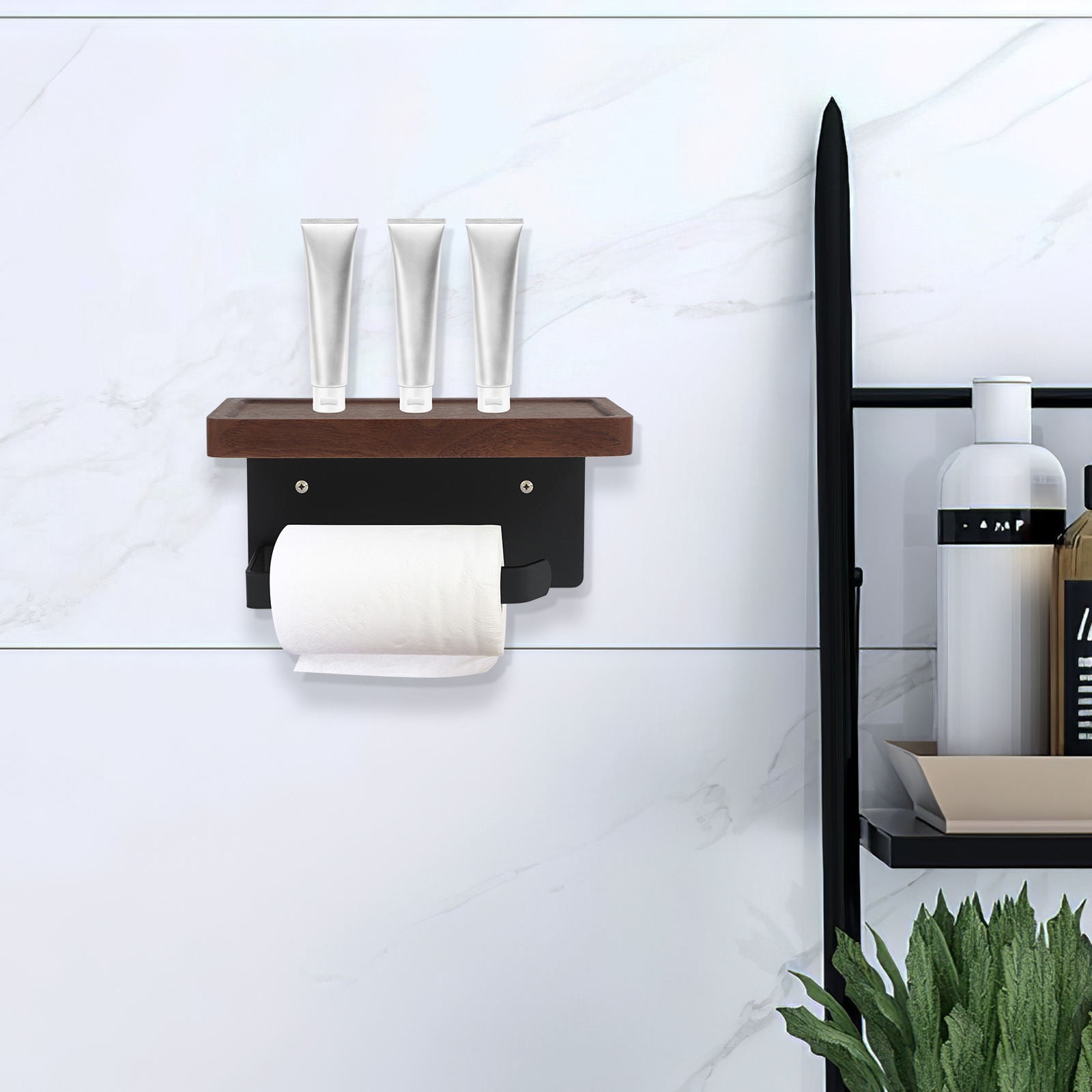 WHAMVOX Solid Wood Toilet Paper Holder Stand with Storage Shelf Bathroom Tissue Rack Organizer - Image 3