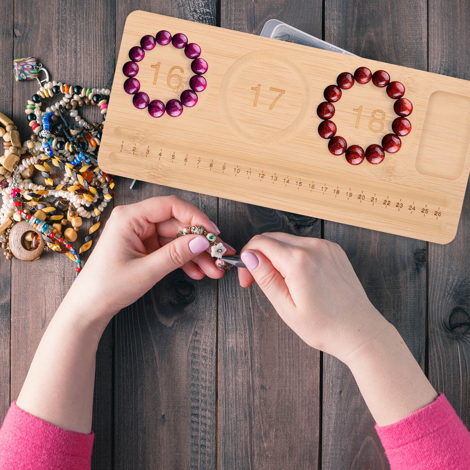 WHAMVOX Wooden Sorting Tray Bracelet Helper to Put on Beading Board Child Travel Brown - Image 2