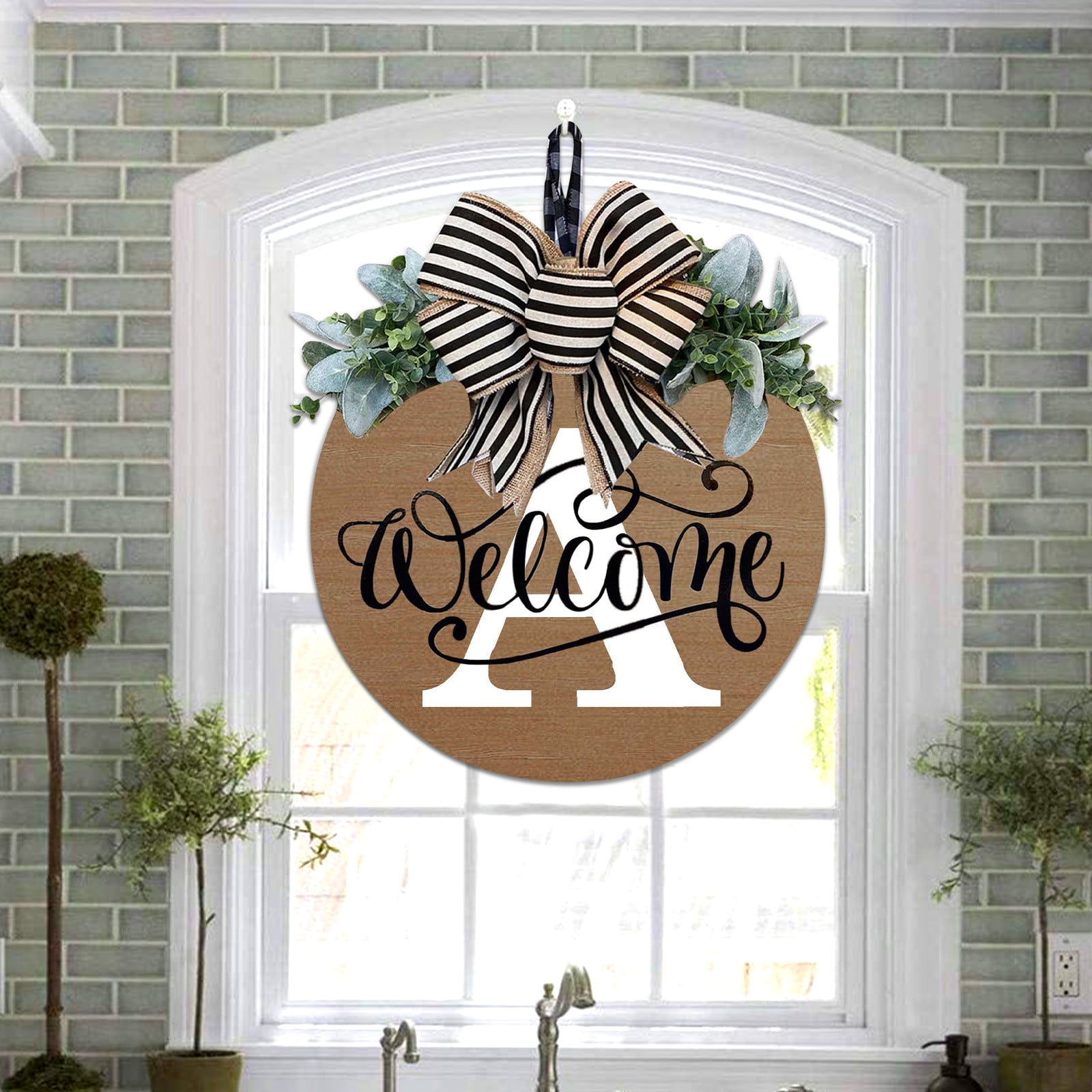 Darzheoy Initial Last Name Year Round Front Door Wreath, Welcome Sign Garland with Bow & Eucalyptus, Personalized Creative 26 Letter Farmhouse Wreath for All Seasons A - Image 2
