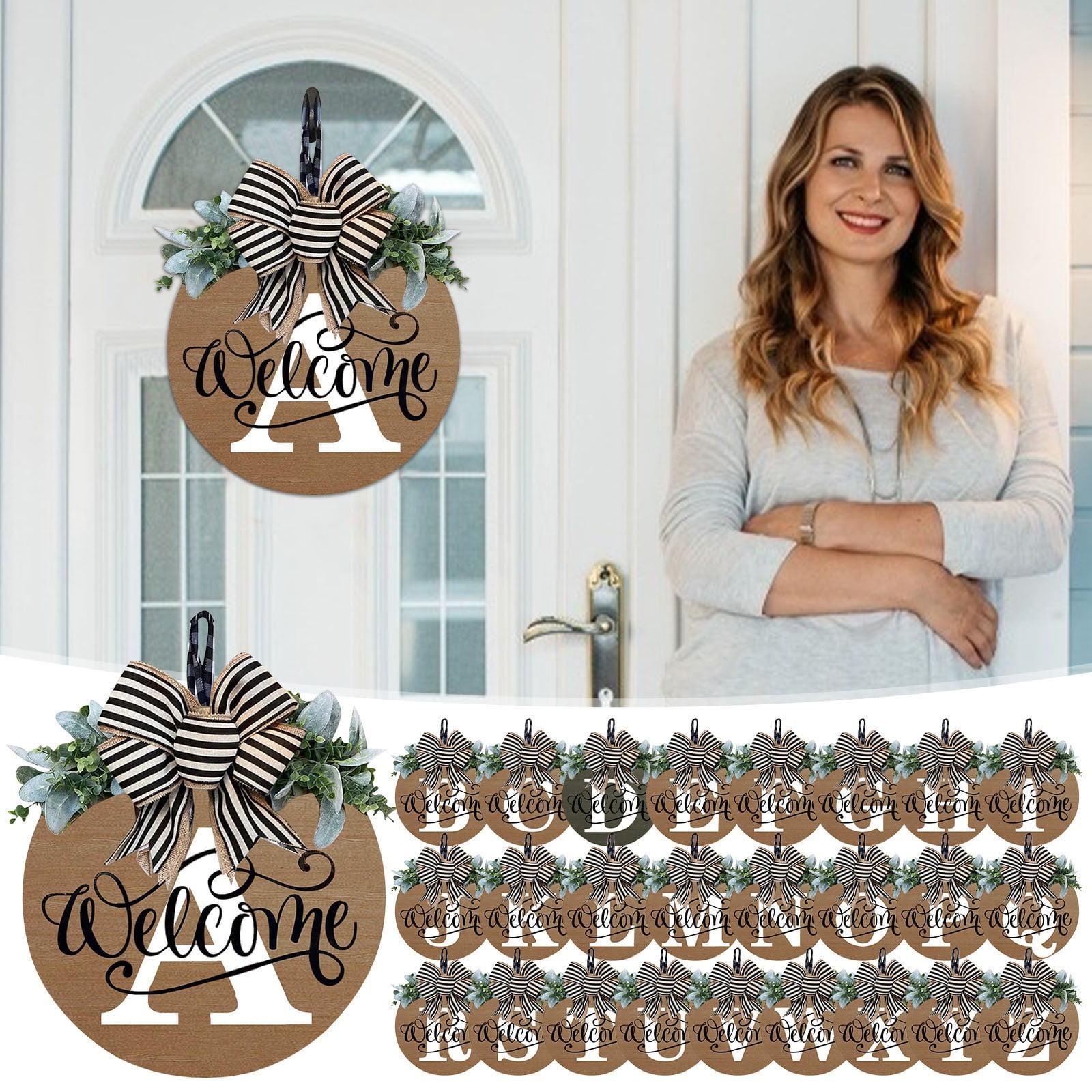 Darzheoy Initial Last Name Year Round Front Door Wreath, Welcome Sign Garland with Bow & Eucalyptus, Personalized Creative 26 Letter Farmhouse Wreath for All Seasons N - Image 2