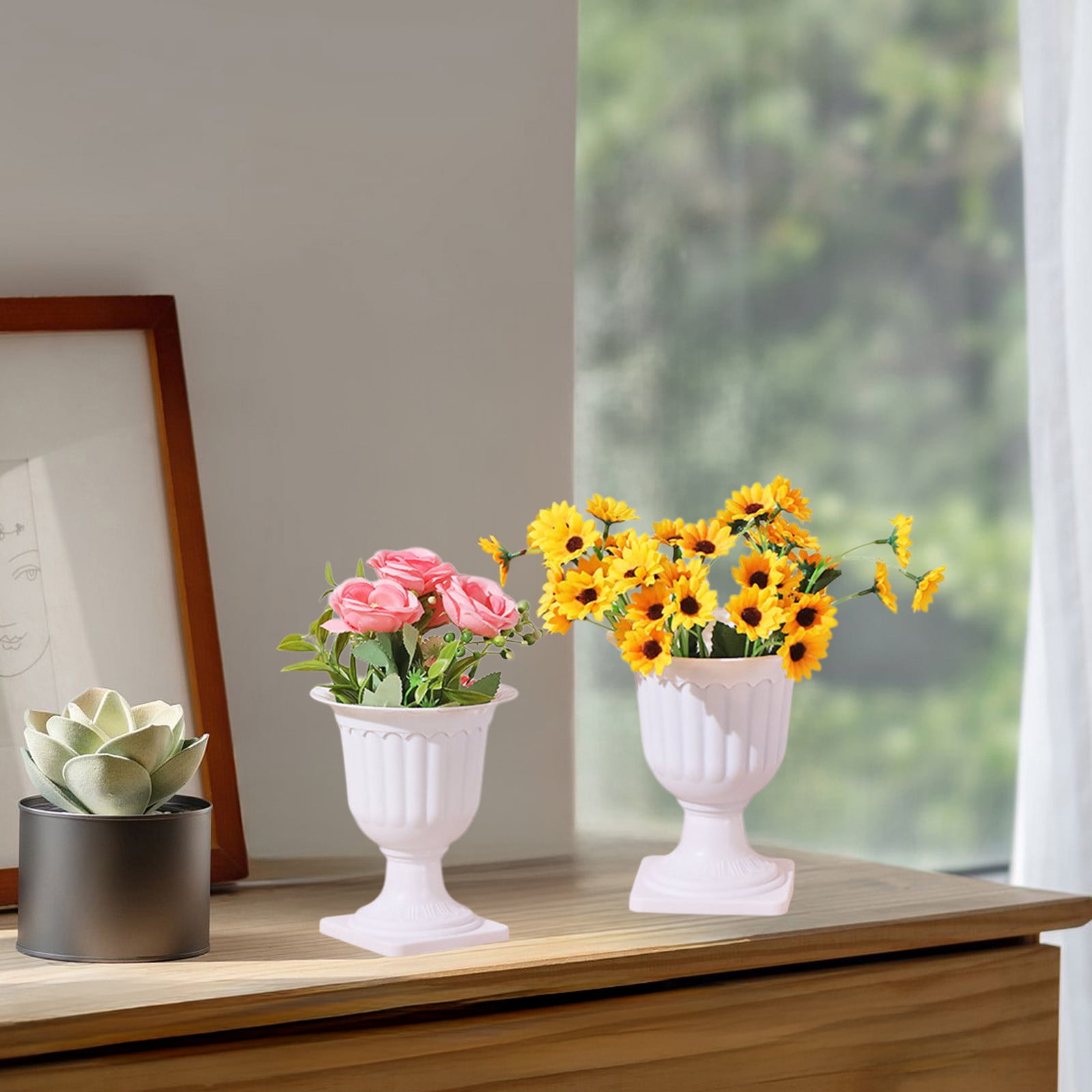 Darzheoy White Urn Planter Flower Pots, Classic Plastic Tall Planter, Wedding Party Porch Front Door Decorative 2 Pack A - Image 3