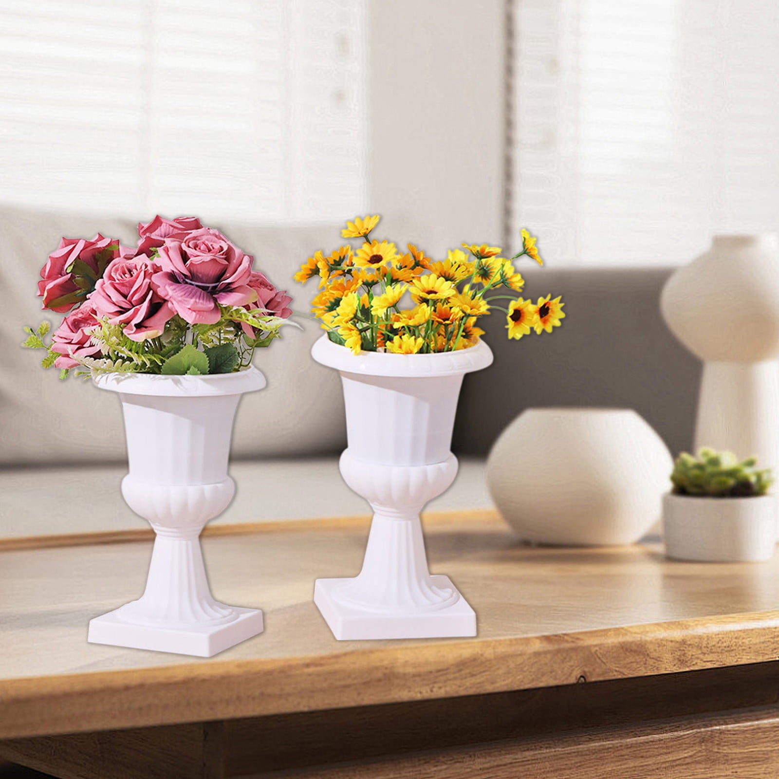 Darzheoy White Urn Planter Flower Pots, Classic Plastic Tall Planter, Wedding Party Porch Front Door Decorative 2 Pack B - Image 3