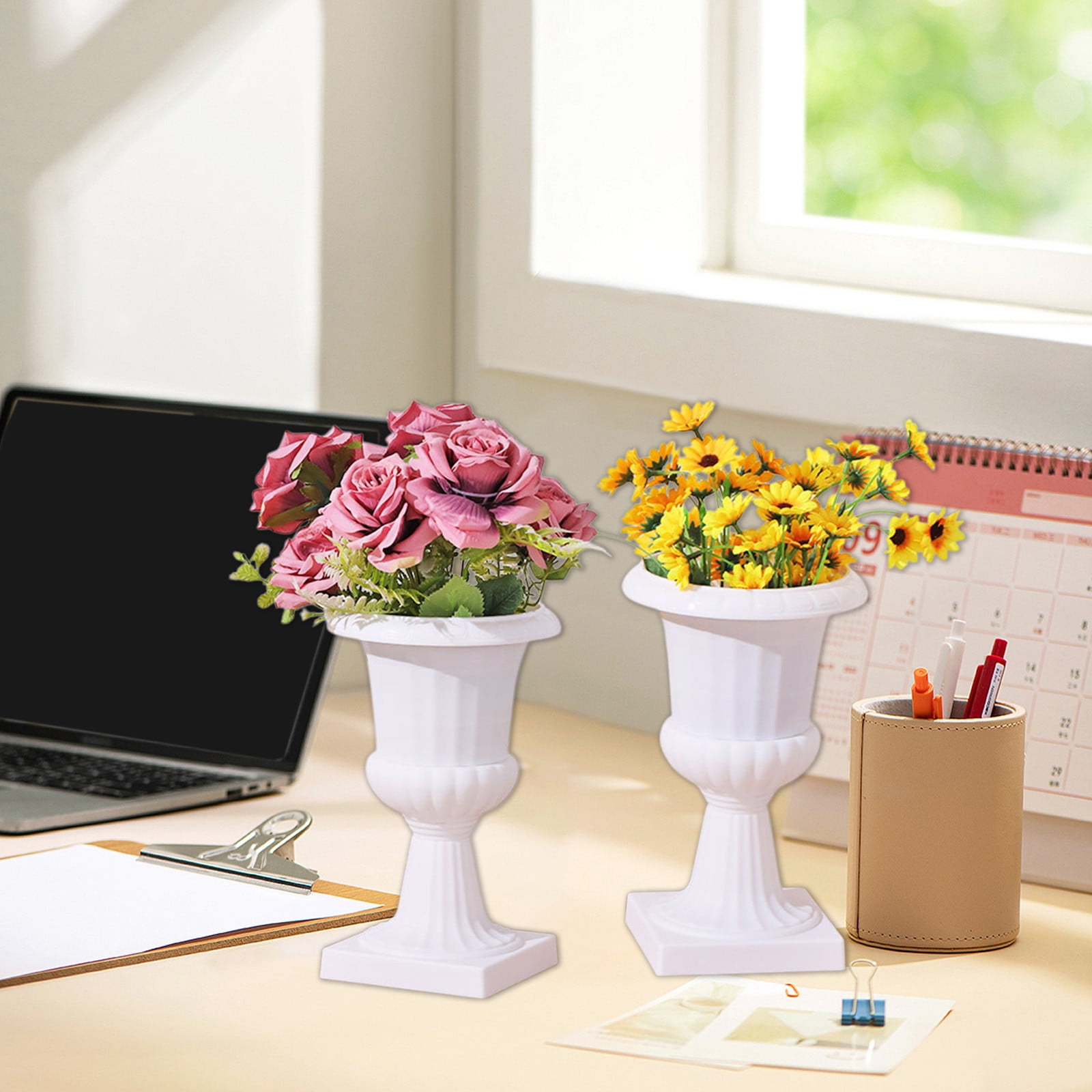 Darzheoy White Urn Planter Flower Pots, Classic Plastic Tall Planter, Wedding Party Porch Front Door Decorative 2 Pack B - Image 4