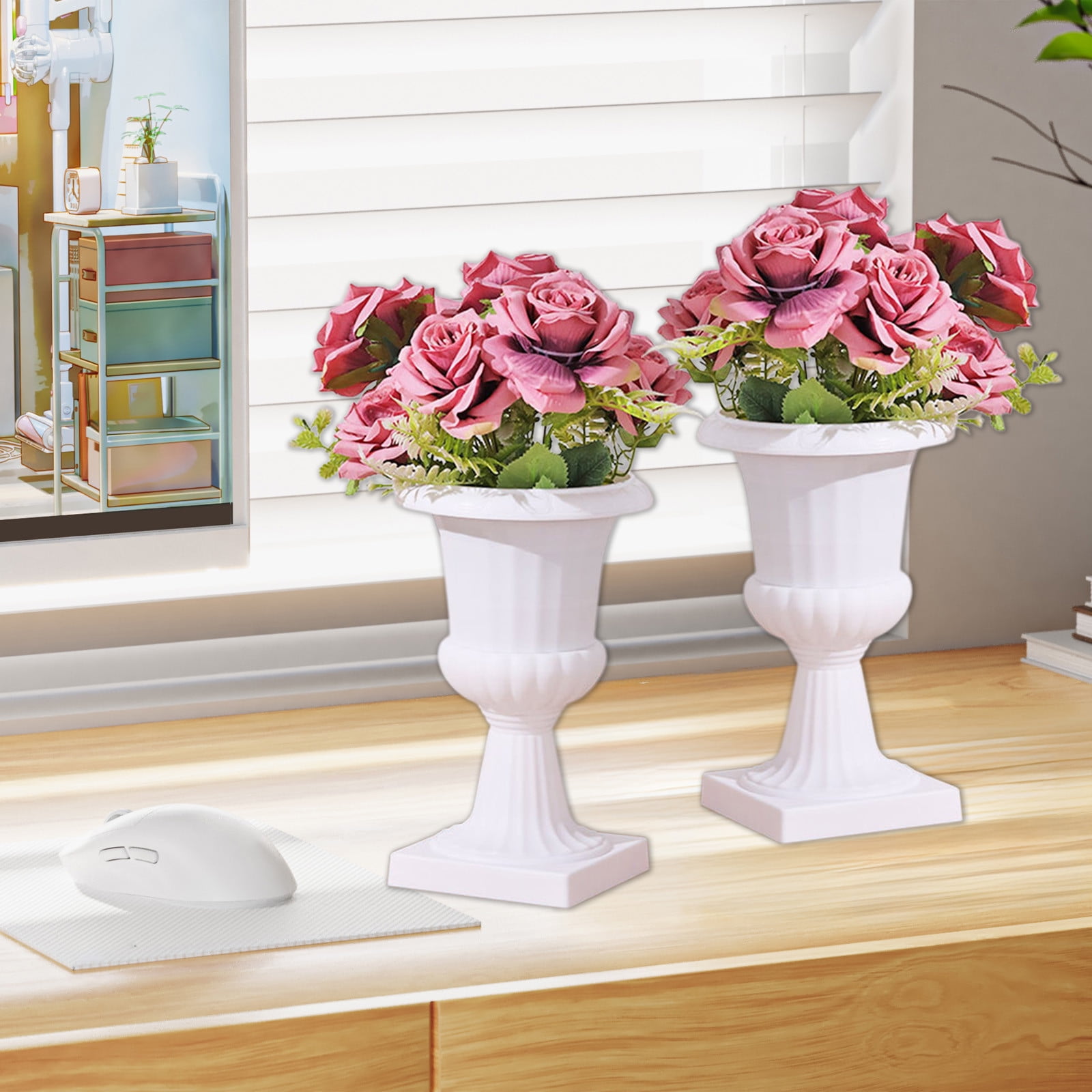 Darzheoy White Urn Planter Flower Pots, Classic Plastic Tall Planter, Wedding Party Porch Front Door Decorative 2 Pack B - Image 5
