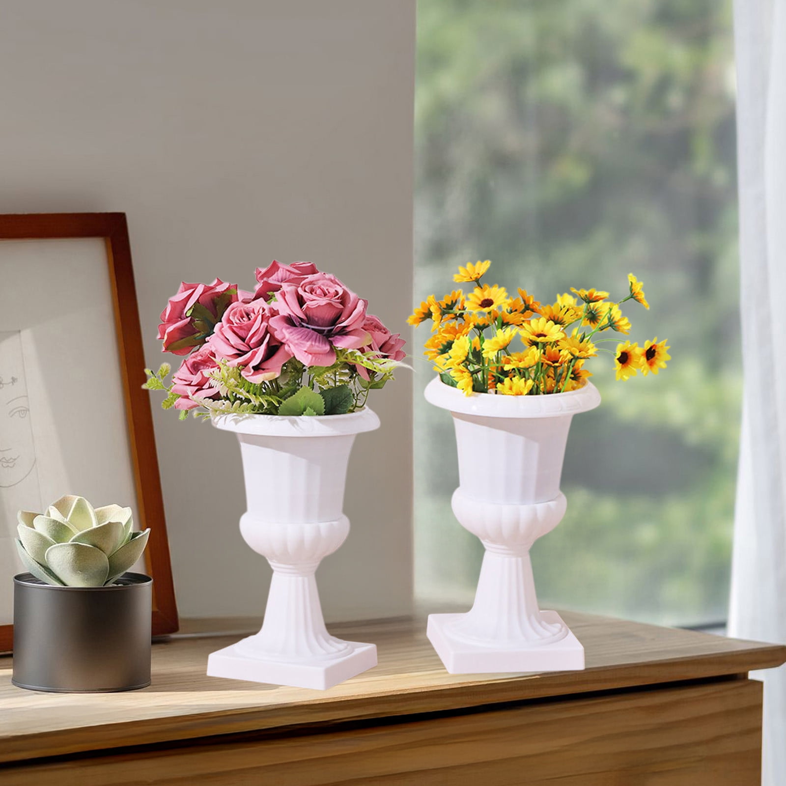 Darzheoy White Urn Planter Flower Pots, Classic Plastic Tall Planter, Wedding Party Porch Front Door Decorative 2 Pack B - Image 6