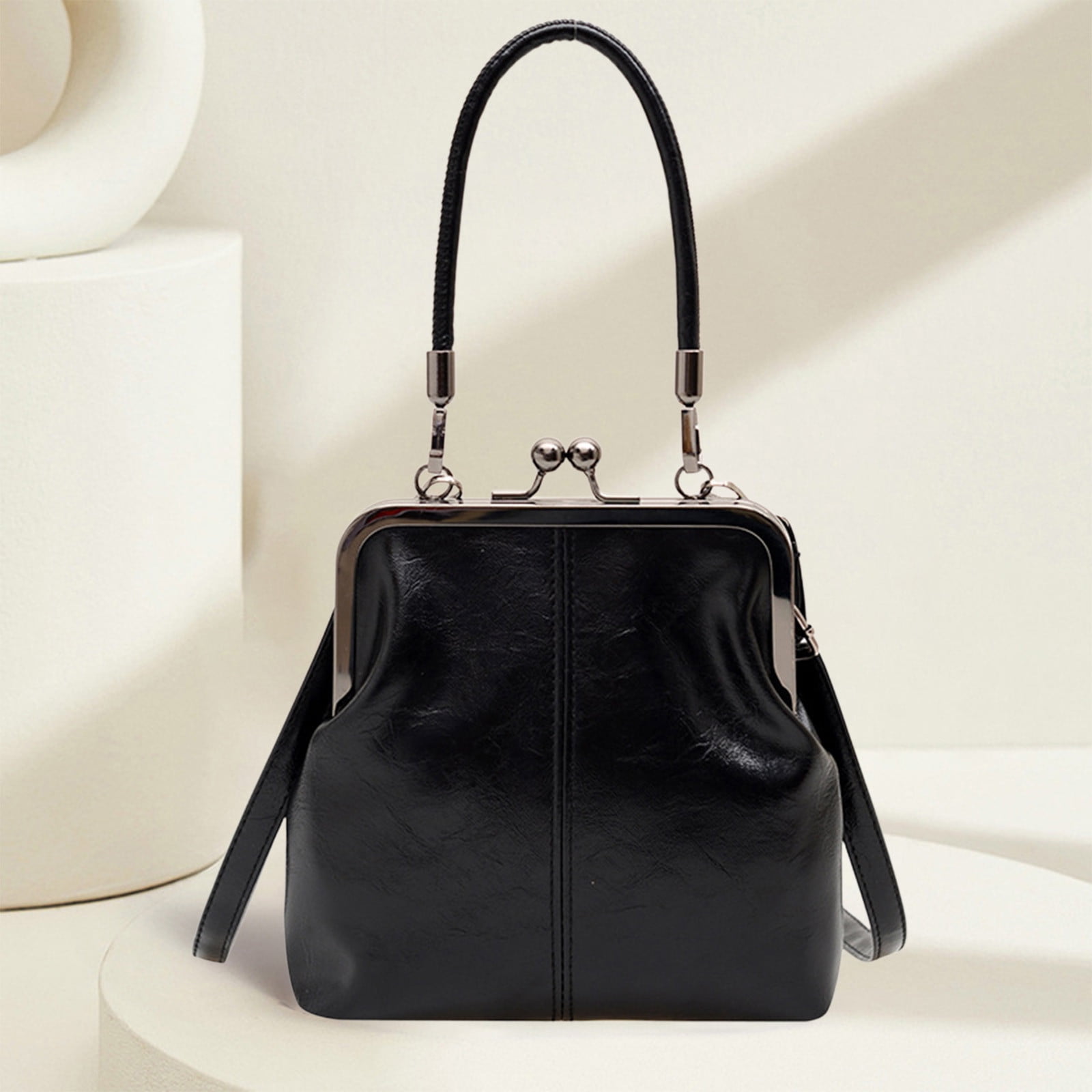 Darzheoy Retro Handbag for Women - Leather Shoulder Bag Evening Clutch Crossbody Purse with Kiss Lock Black - Image 3