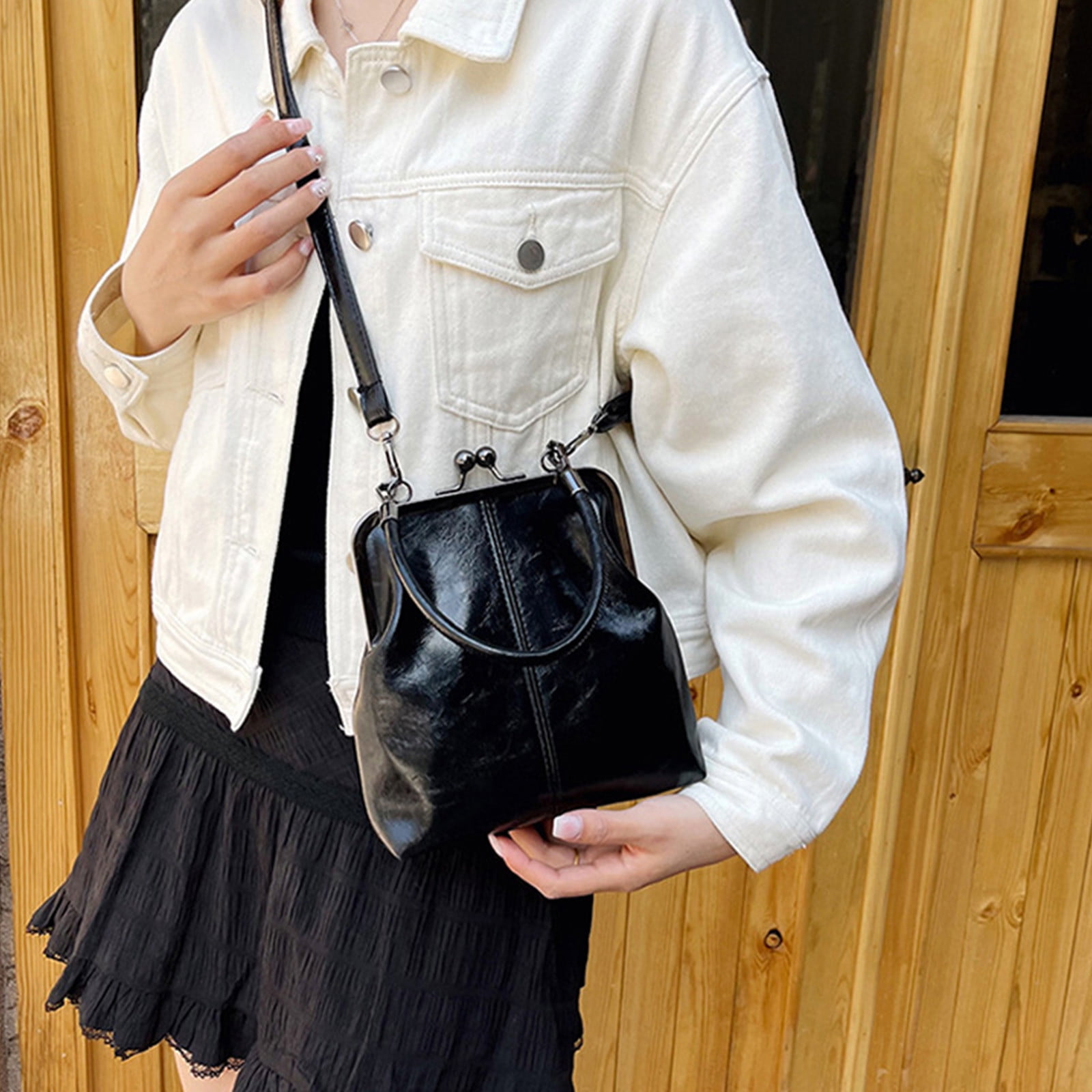 Darzheoy Retro Handbag for Women - Leather Shoulder Bag Evening Clutch Crossbody Purse with Kiss Lock Black - Image 5