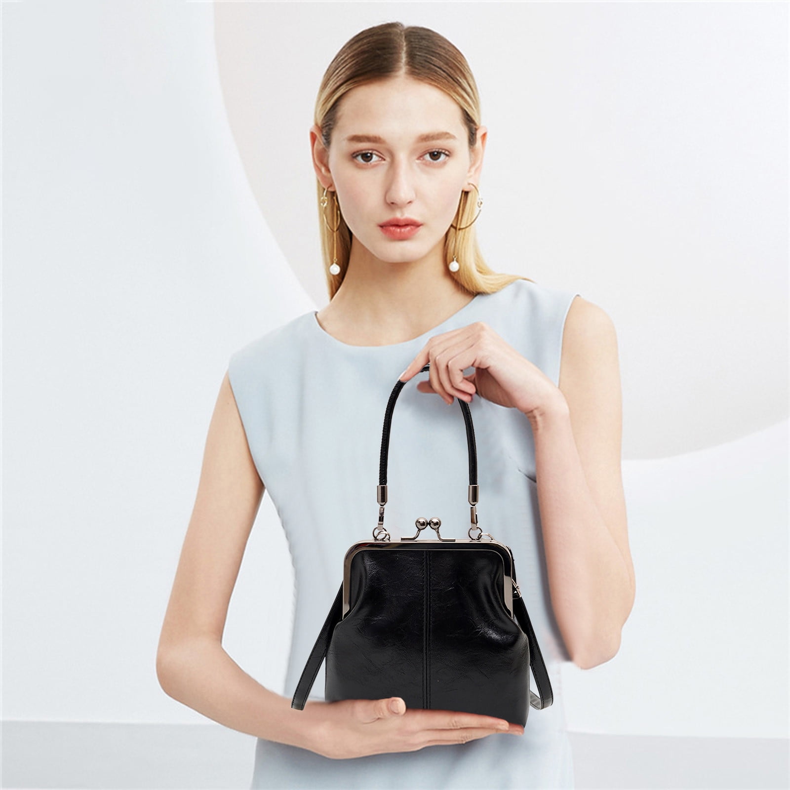 Darzheoy Retro Handbag for Women - Leather Shoulder Bag Evening Clutch Crossbody Purse with Kiss Lock Black - Image 6