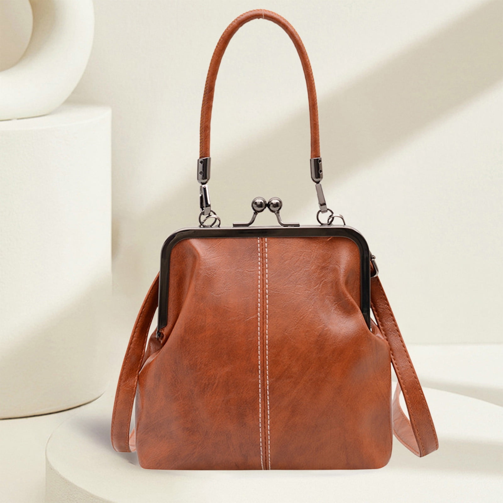Darzheoy Retro Handbag for Women - Leather Shoulder Bag Evening Clutch Crossbody Purse with Kiss Lock Brown - Image 3