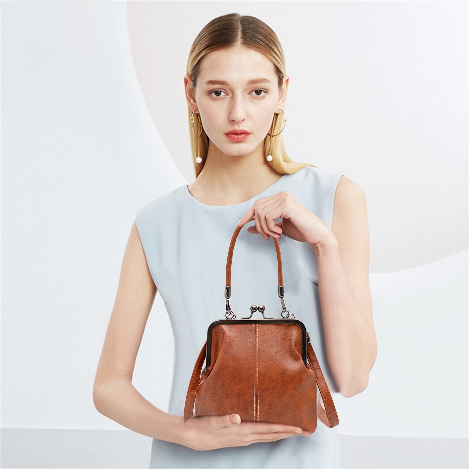 Darzheoy Retro Handbag for Women - Leather Shoulder Bag Evening Clutch Crossbody Purse with Kiss Lock Brown - Image 5