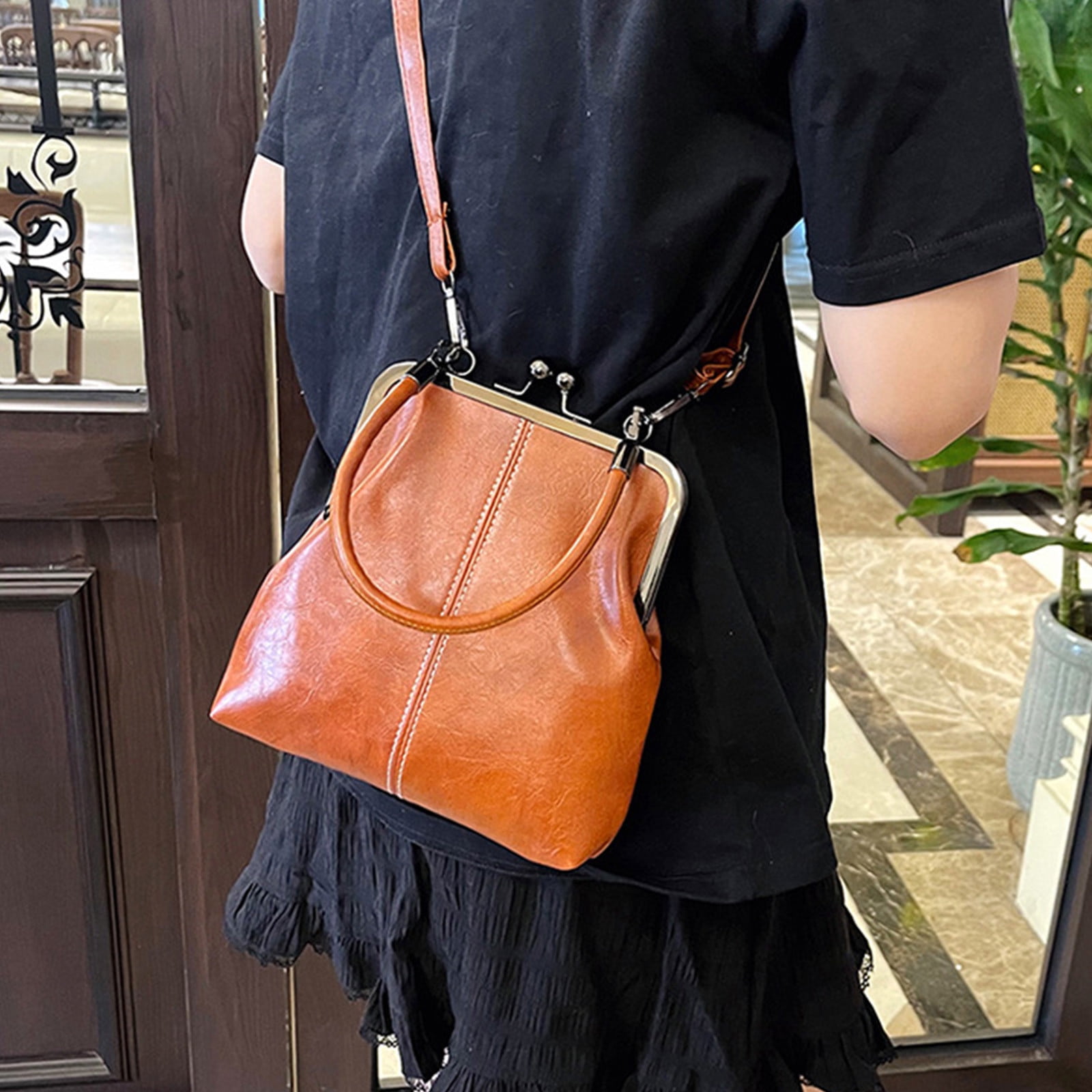 Darzheoy Retro Handbag for Women - Leather Shoulder Bag Evening Clutch Crossbody Purse with Kiss Lock Brown - Image 6