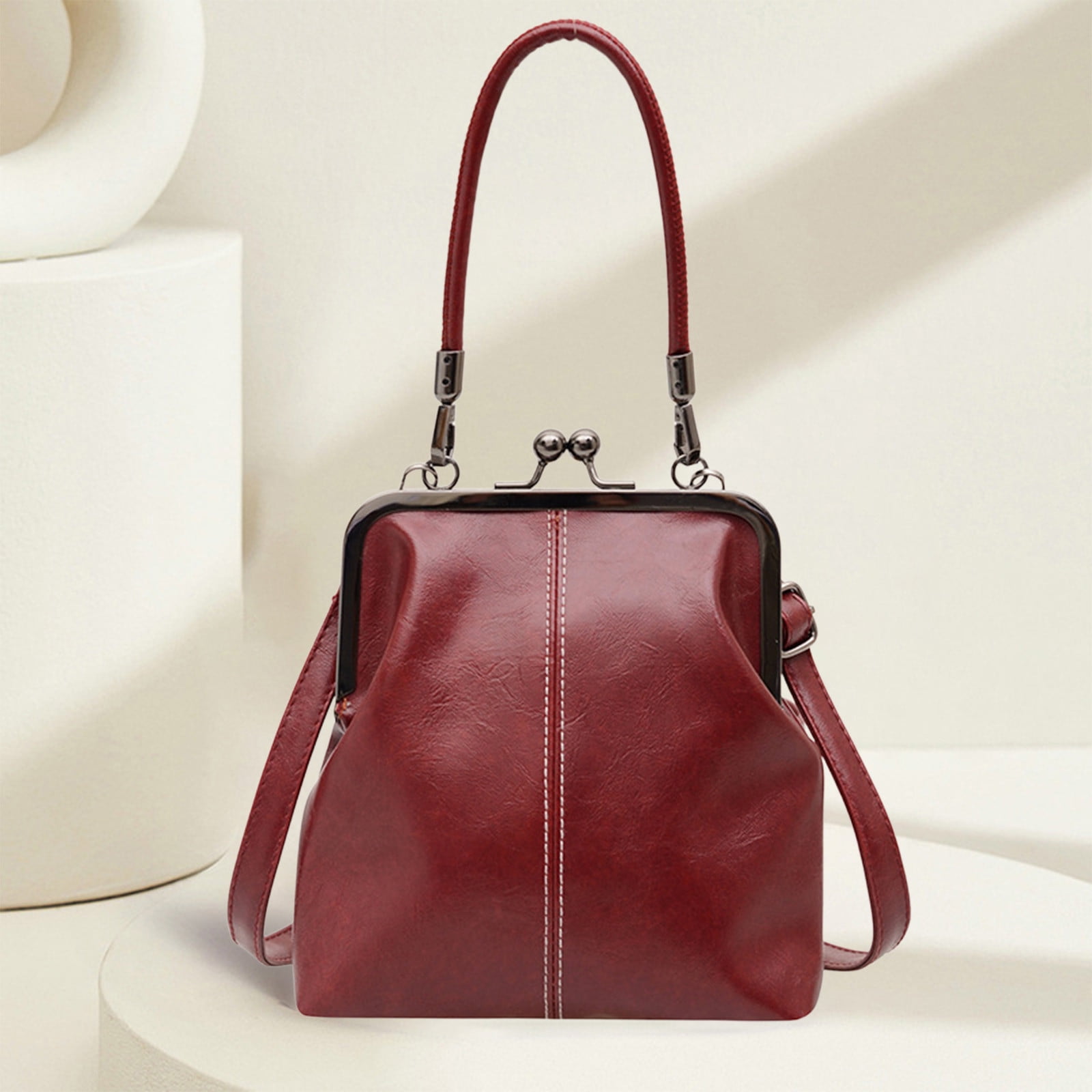 Darzheoy Retro Handbag for Women - Leather Shoulder Bag Evening Clutch Crossbody Purse with Kiss Lock Burgundy - Image 3