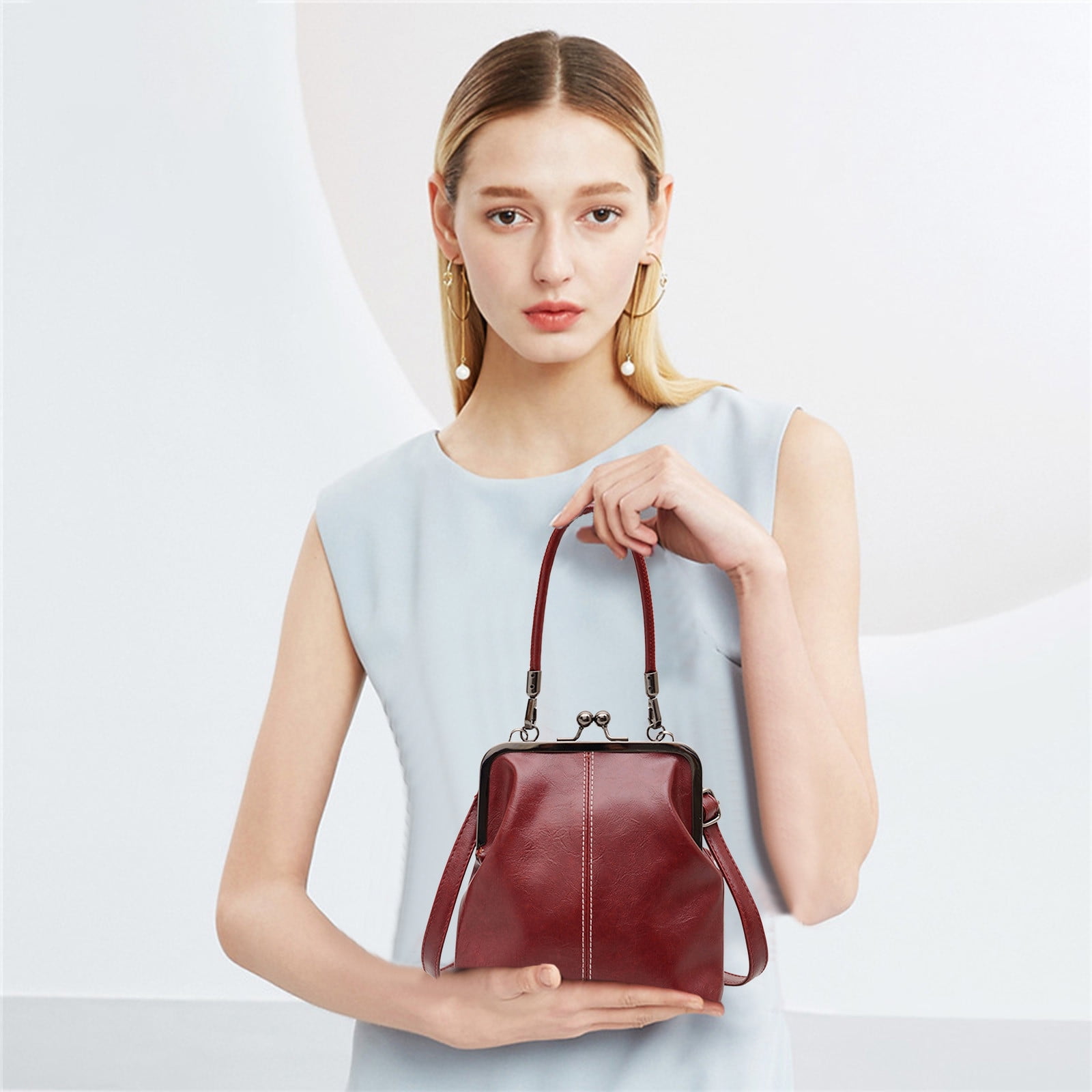 Darzheoy Retro Handbag for Women - Leather Shoulder Bag Evening Clutch Crossbody Purse with Kiss Lock Burgundy - Image 6