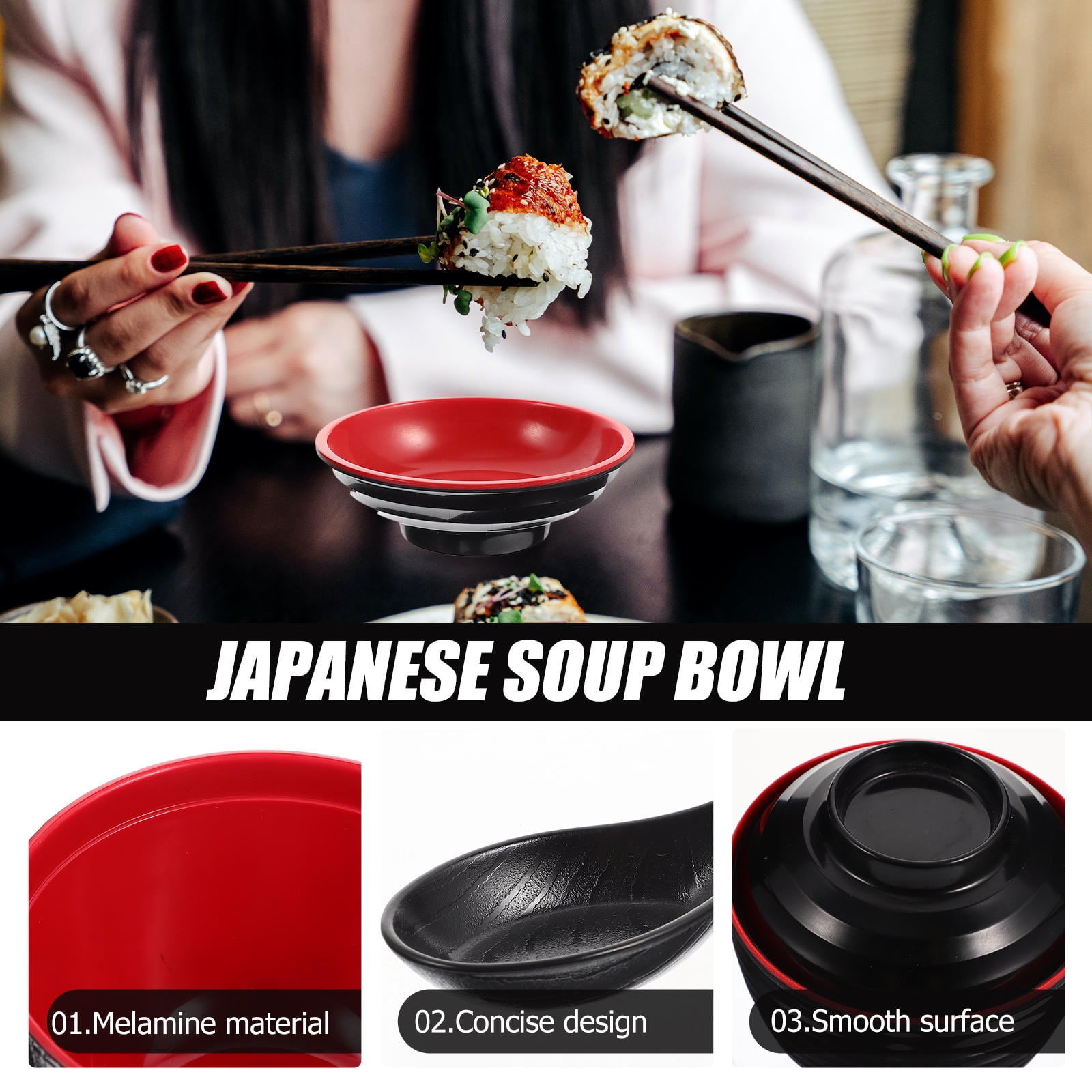 HOOWIFFY Traditional Japanese Miso Soup Bowl Set, Round Black Ceramic, 10x10x9.5cm, Perfect for Authentic Asian Cuisine - Image 2