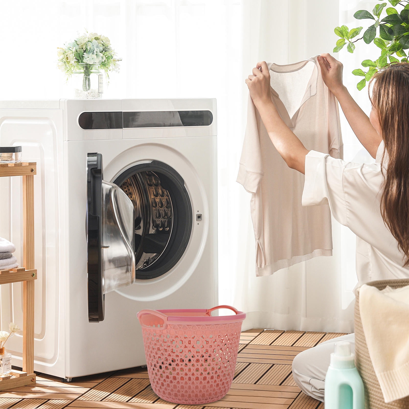 HOOWIFFY 1Pcs Portable Laundry Basket Pink Hollow Laundry Management with Handle PP - Image 3