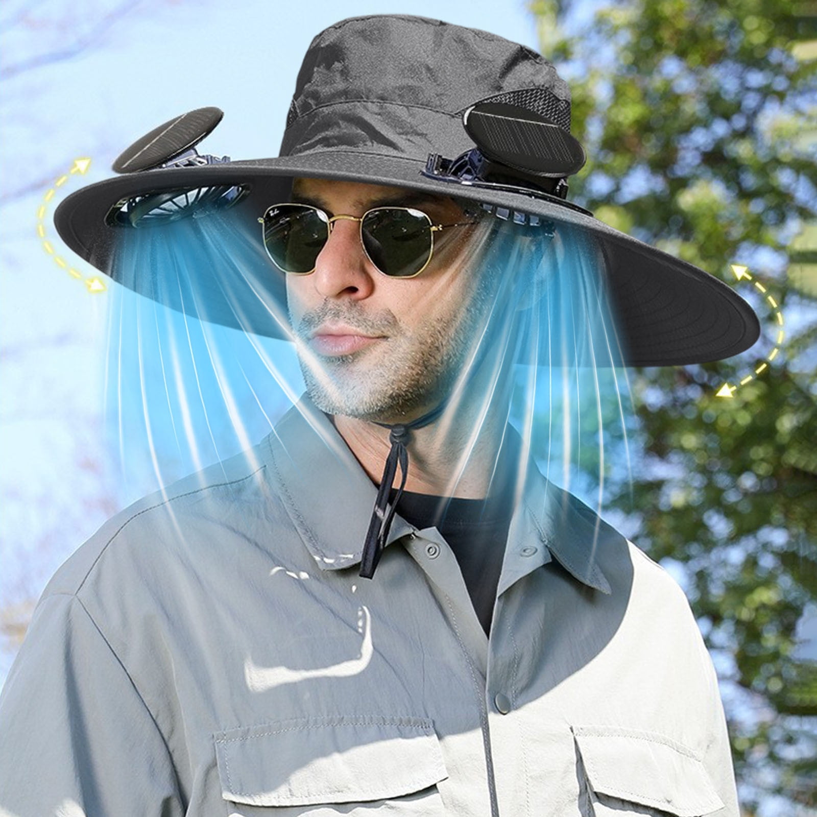 Darzheoy Solar Fan Hat Wide Brim Solar Fan Hat Outdoor Wide Brim Sun Hat with Solar Fan Fishing Hat, Removable & USB Charging Fan B-Dark Gray - Image 1
