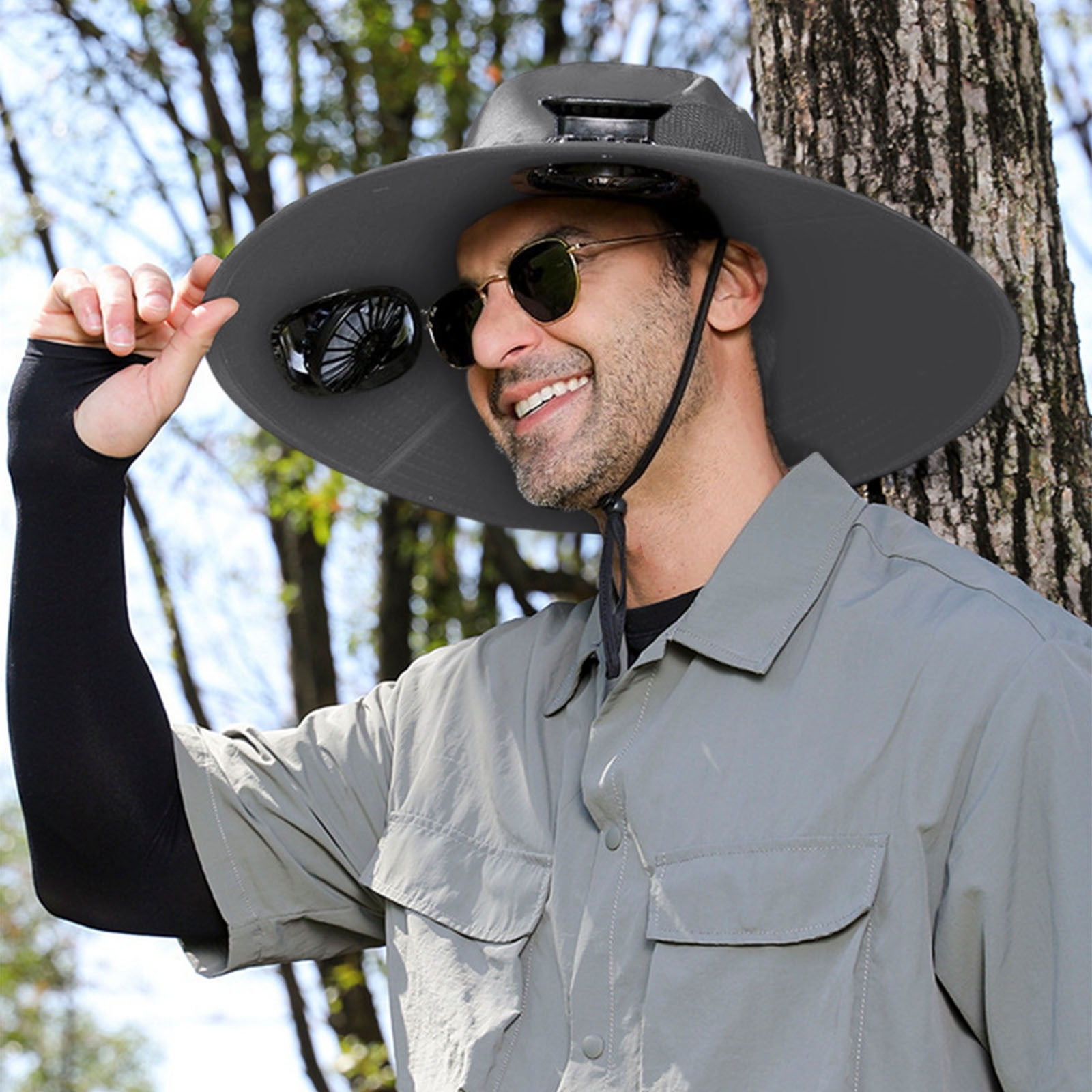 Darzheoy Solar Fan Hat Wide Brim Solar Fan Hat Outdoor Wide Brim Sun Hat with Solar Fan Fishing Hat, Removable & USB Charging Fan B-Dark Gray - Image 4