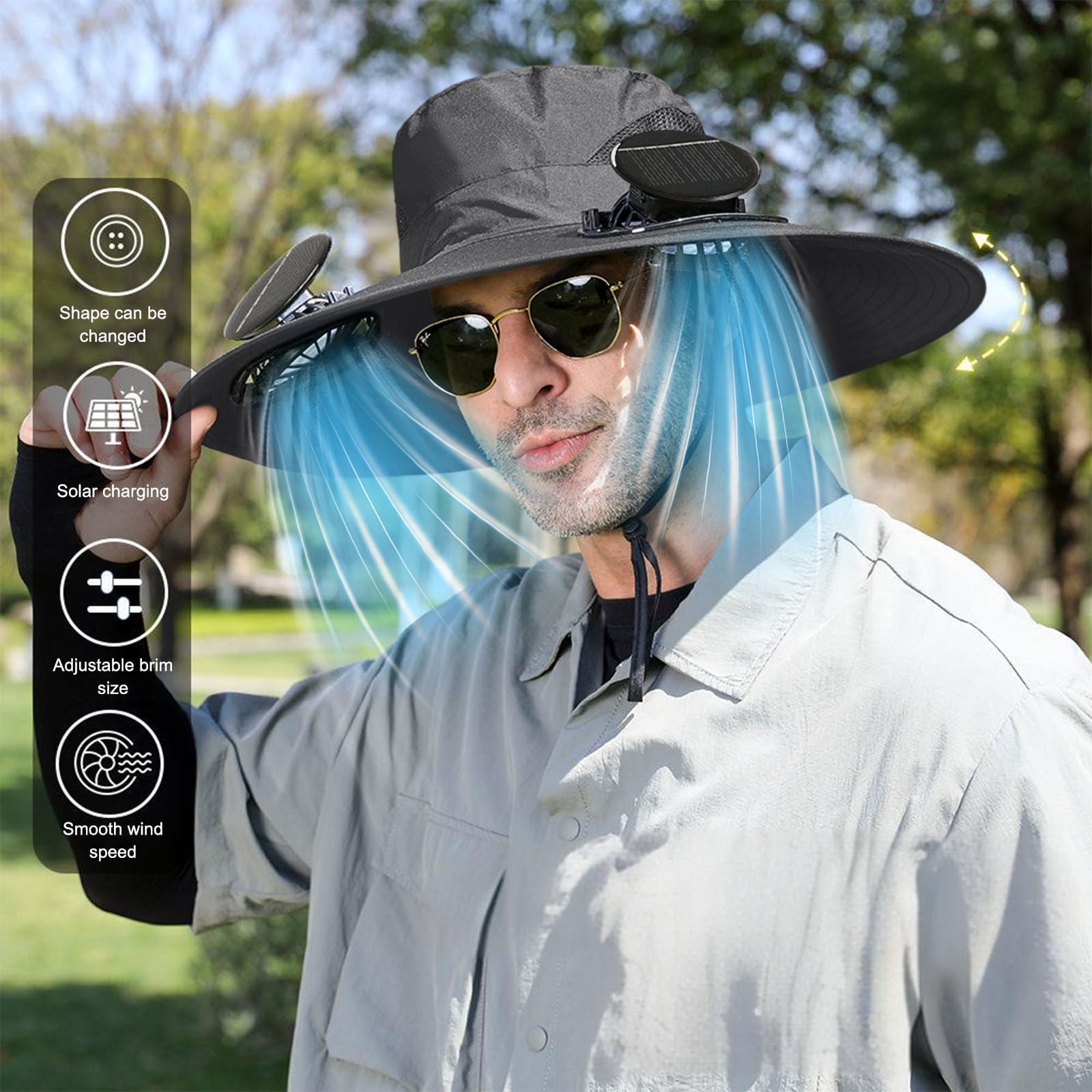 Darzheoy Solar Fan Hat Wide Brim Solar Fan Hat Outdoor Wide Brim Sun Hat with Solar Fan Fishing Hat, Removable & USB Charging Fan B-Dark Gray - Image 5