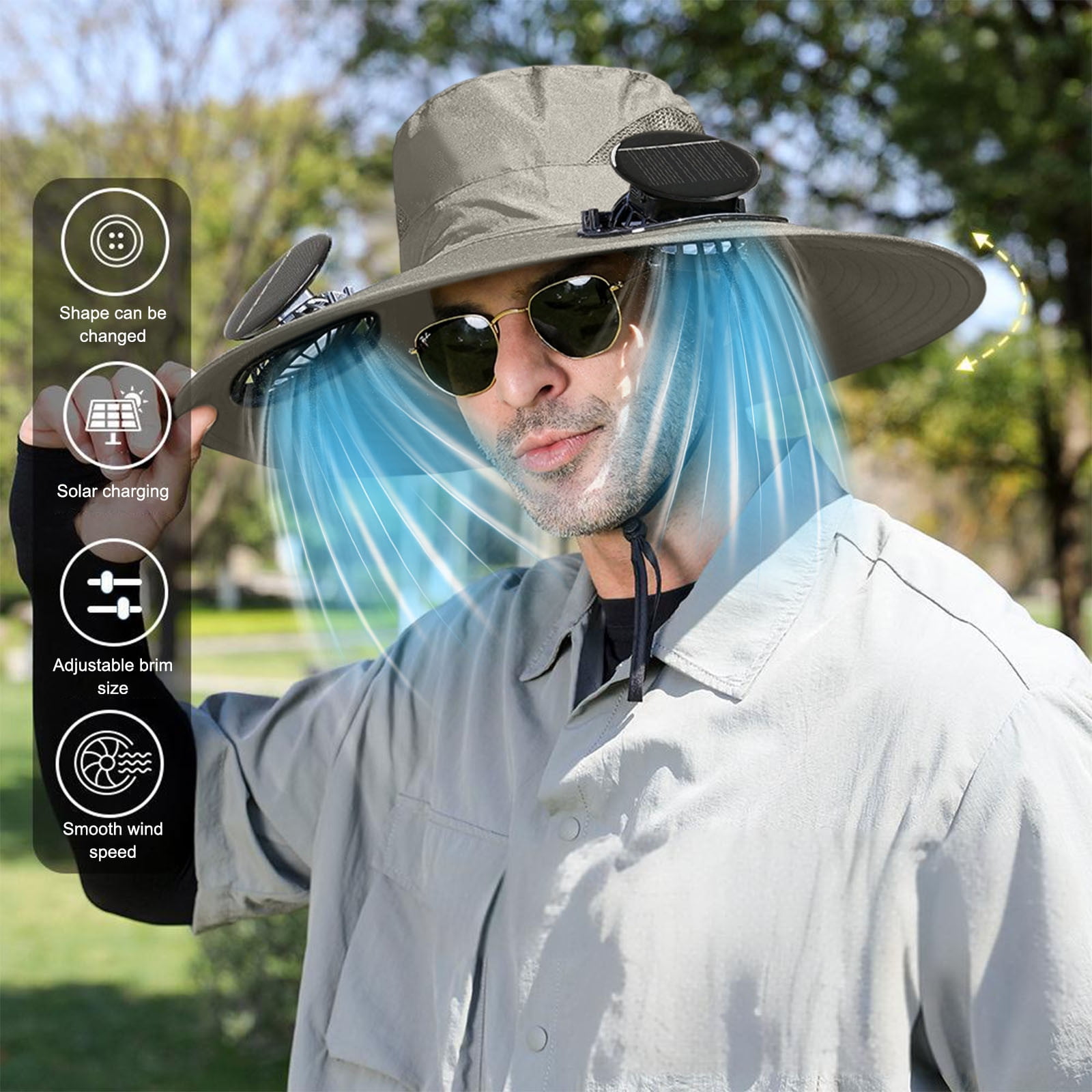 Darzheoy Solar Fan Hat Wide Brim Solar Fan Hat Outdoor Wide Brim Sun Hat with Solar Fan Fishing Hat, Removable & USB Charging Fan B-Gray - Image 5
