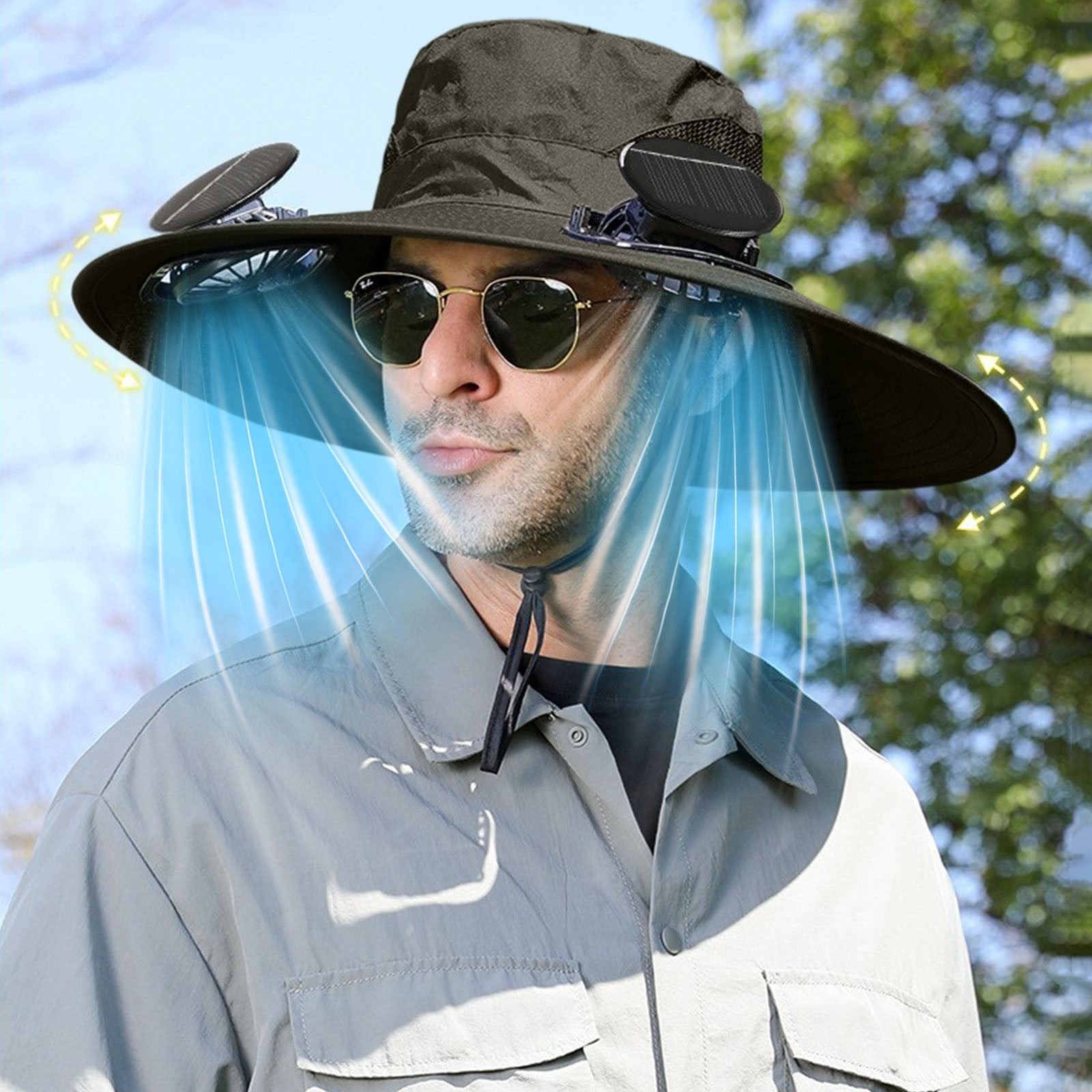 Darzheoy Solar Fan Hat Wide Brim Solar Fan Hat Outdoor Wide Brim Sun Hat with Solar Fan Fishing Hat, Removable & USB Charging Fan B-Green - Image 1