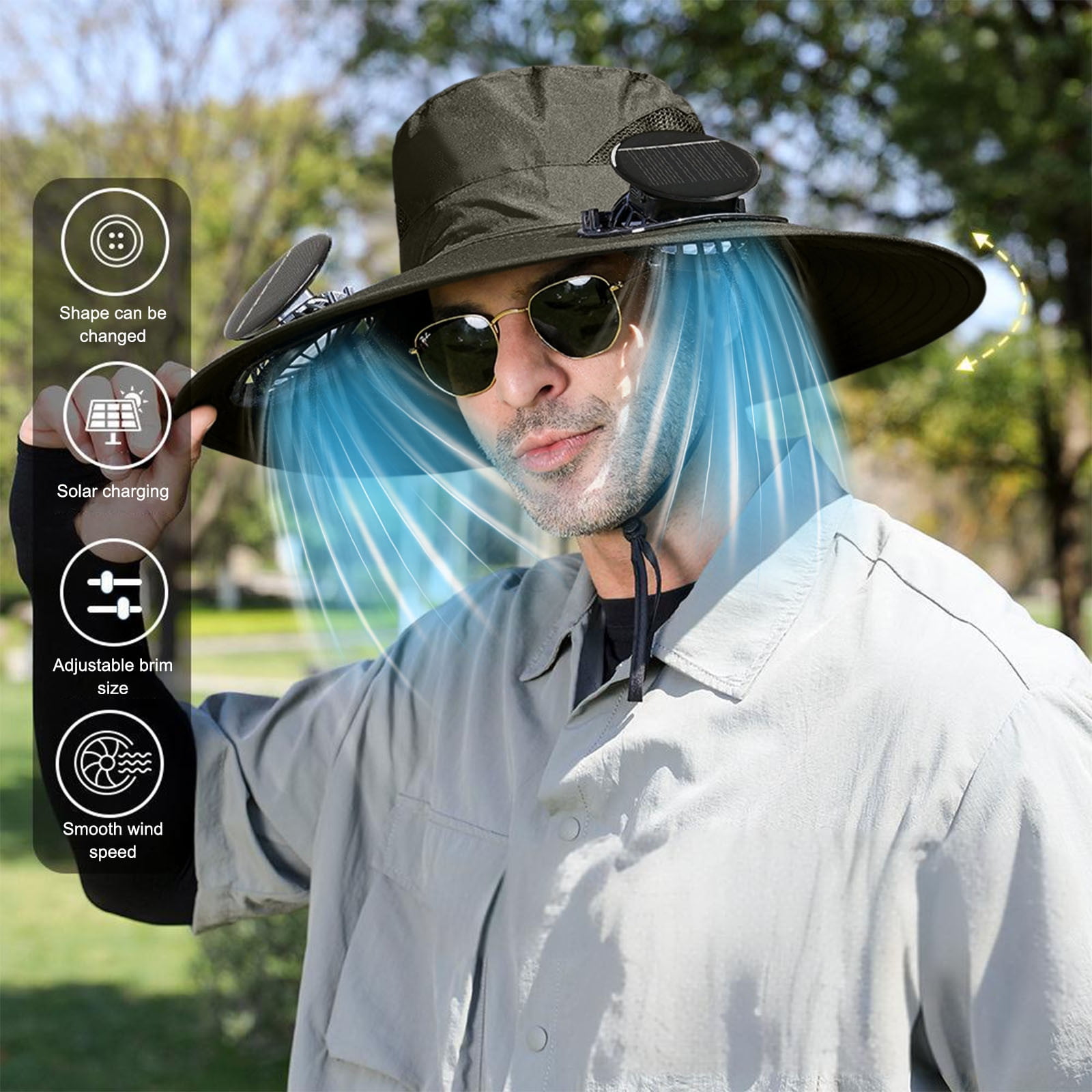 Darzheoy Solar Fan Hat Wide Brim Solar Fan Hat Outdoor Wide Brim Sun Hat with Solar Fan Fishing Hat, Removable & USB Charging Fan B-Green - Image 5