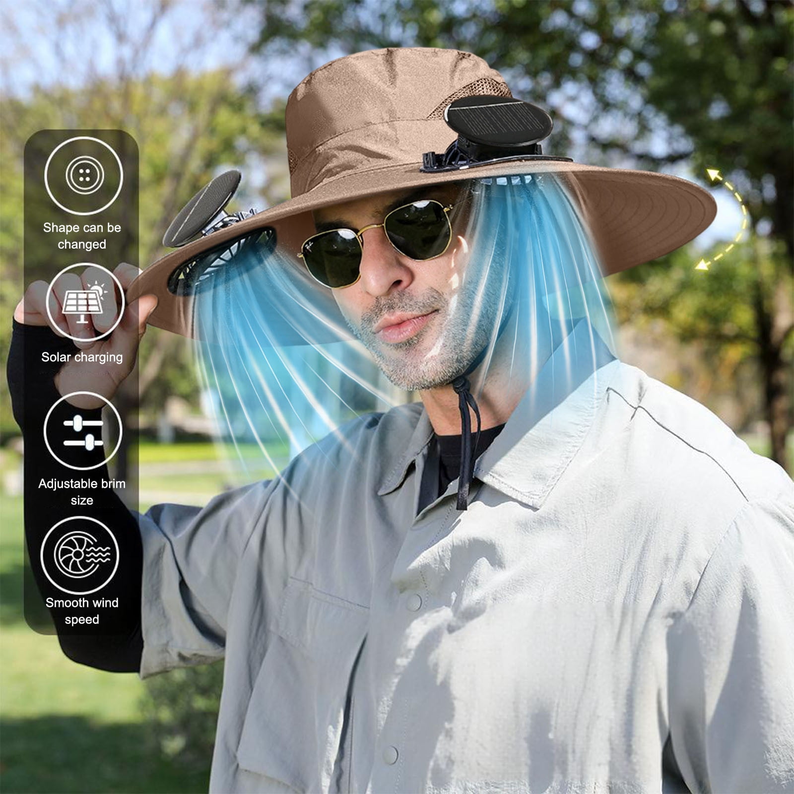 Darzheoy Solar Fan Hat Wide Brim Solar Fan Hat Outdoor Wide Brim Sun Hat with Solar Fan Fishing Hat, Removable & USB Charging Fan B-Khaki - Image 5