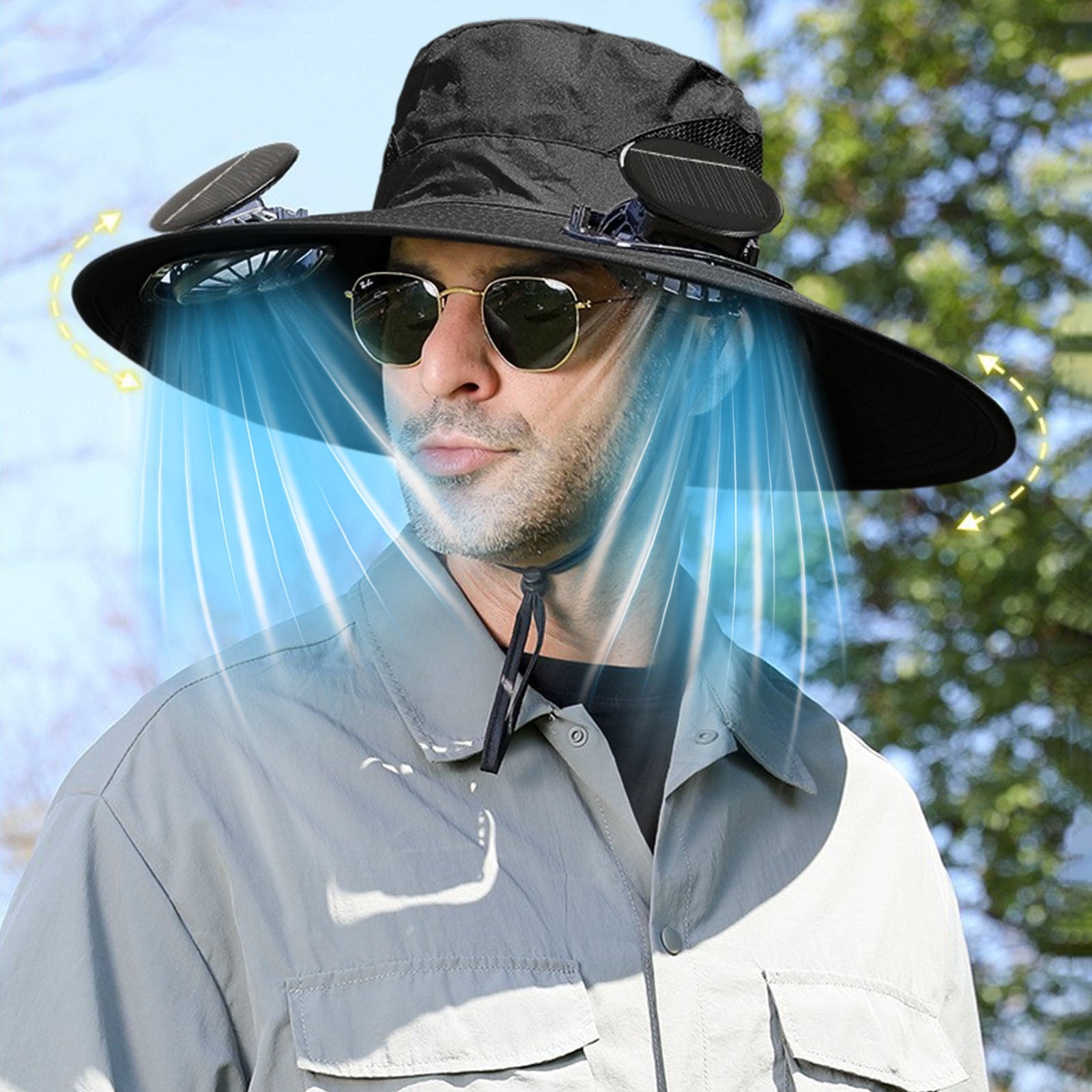 Darzheoy Solar Fan Hat Wide Brim Solar Fan Hat Outdoor Wide Brim Sun Hat with Solar Fan Fishing Hat, Removable & USB Charging Fan C-Black - Image 5