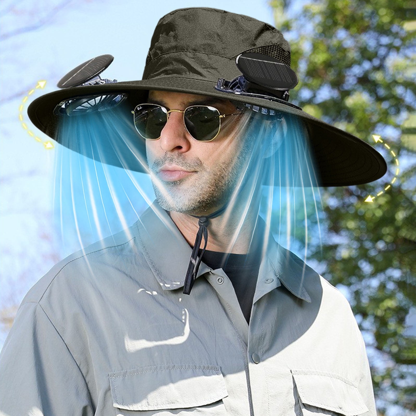 Darzheoy Solar Fan Hat Wide Brim Solar Fan Hat Outdoor Wide Brim Sun Hat with Solar Fan Fishing Hat, Removable & USB Charging Fan C-Green - Image 5
