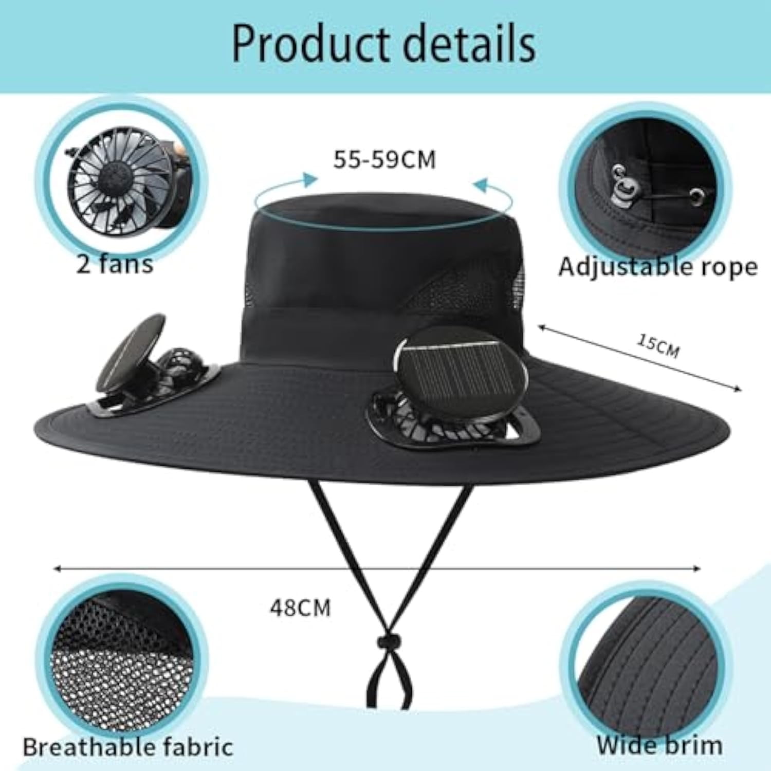 Darzheoy Solar Fan Hat Wide Brim Solar Fan Hat Outdoor Wide Brim Sun Hat with Solar Fan Fishing Hat, Removable & USB Charging Fan D-Black - Image 4
