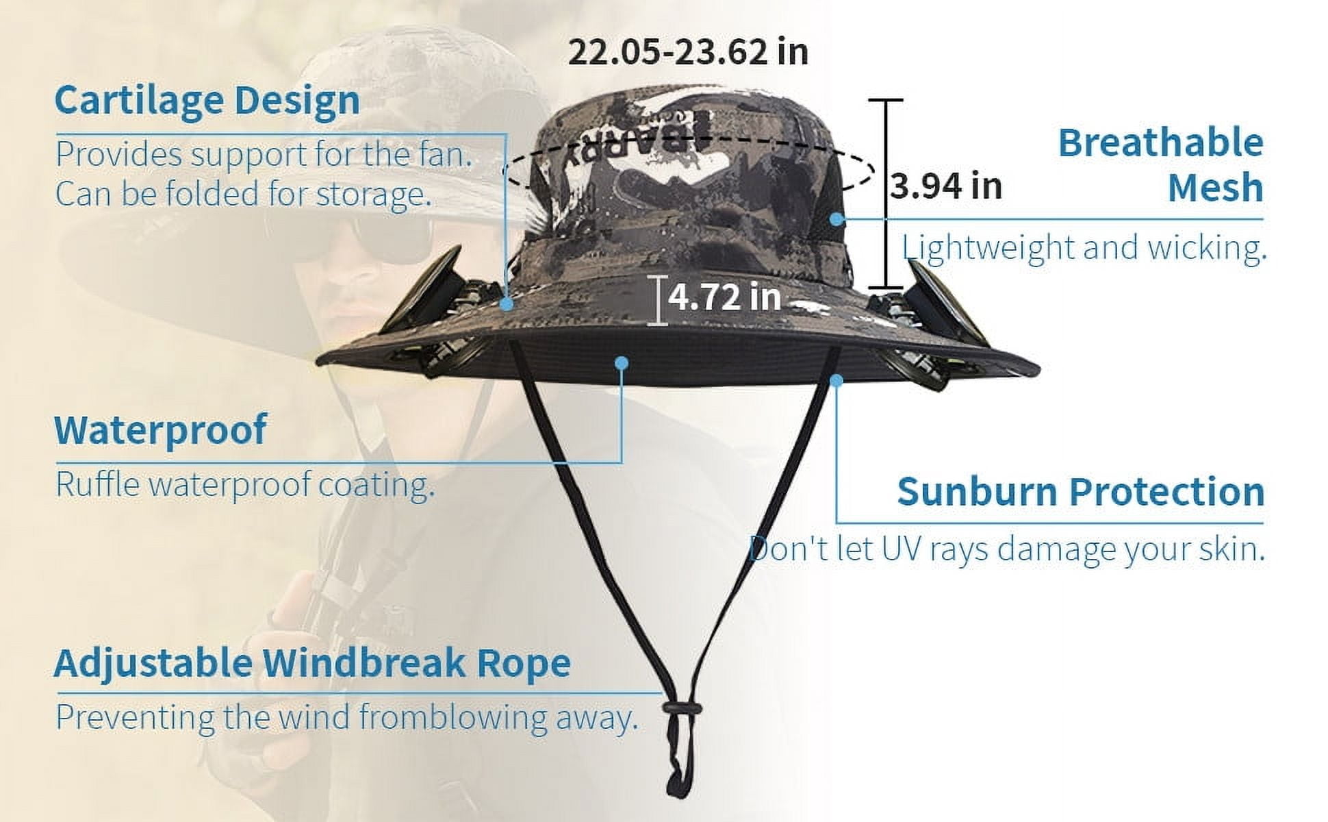 Darzheoy Solar Fan Hat Wide Brim Solar Fan Hat Outdoor Wide Brim Sun Hat with Solar Fan Fishing Hat, Removable & USB Charging Fan D-Black - Image 5
