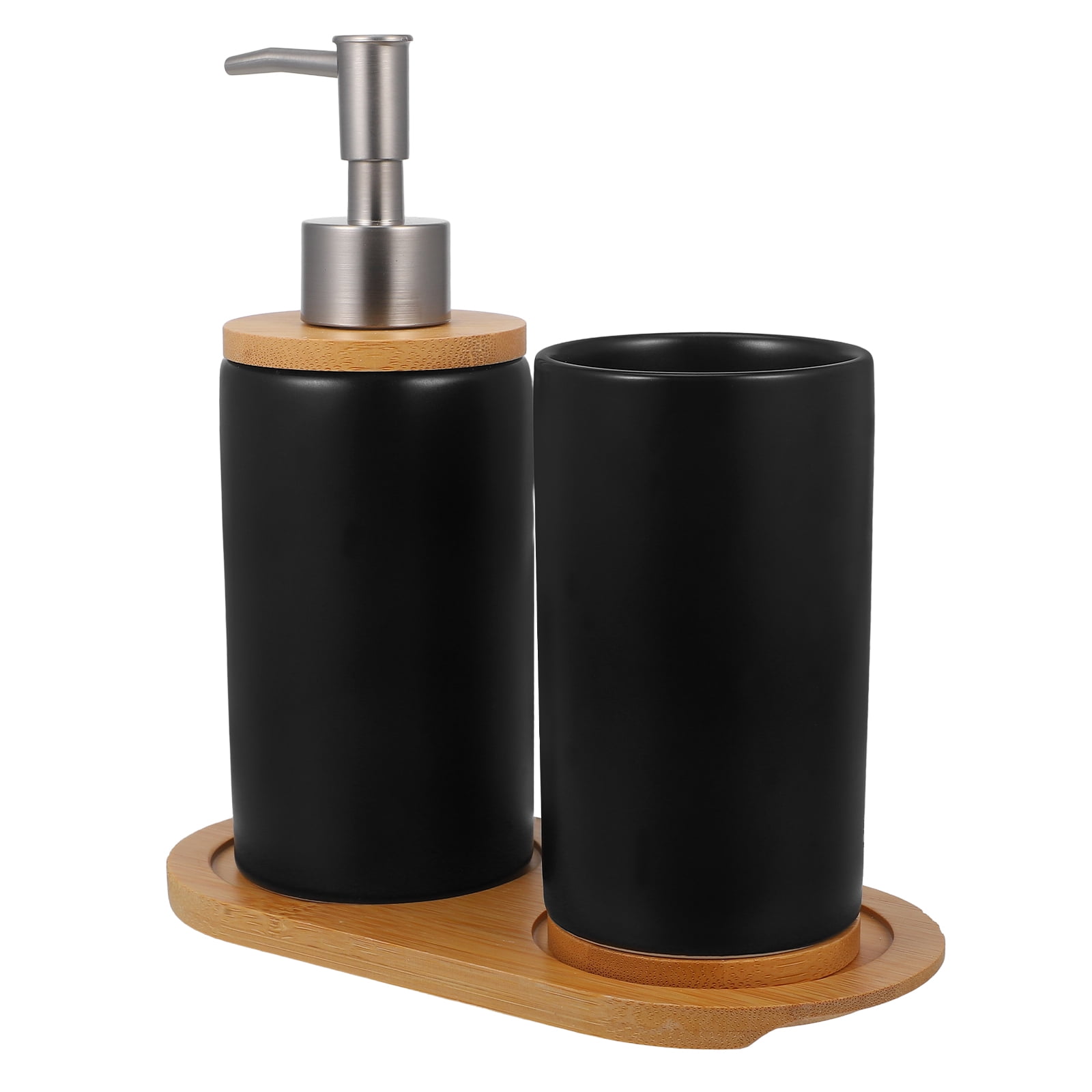 HOOWIFFY 1 Set Black Ceramic Bamboo Bathroom Essentials Toothbrush Holder Soap Dispenser Storage - Image 1