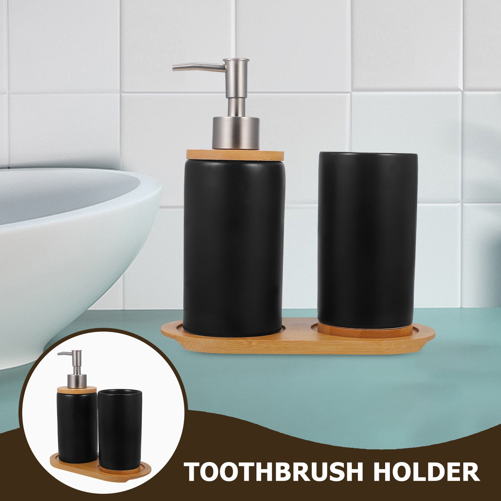 HOOWIFFY 1 Set Black Ceramic Bamboo Bathroom Essentials Toothbrush Holder Soap Dispenser Storage - Image 3