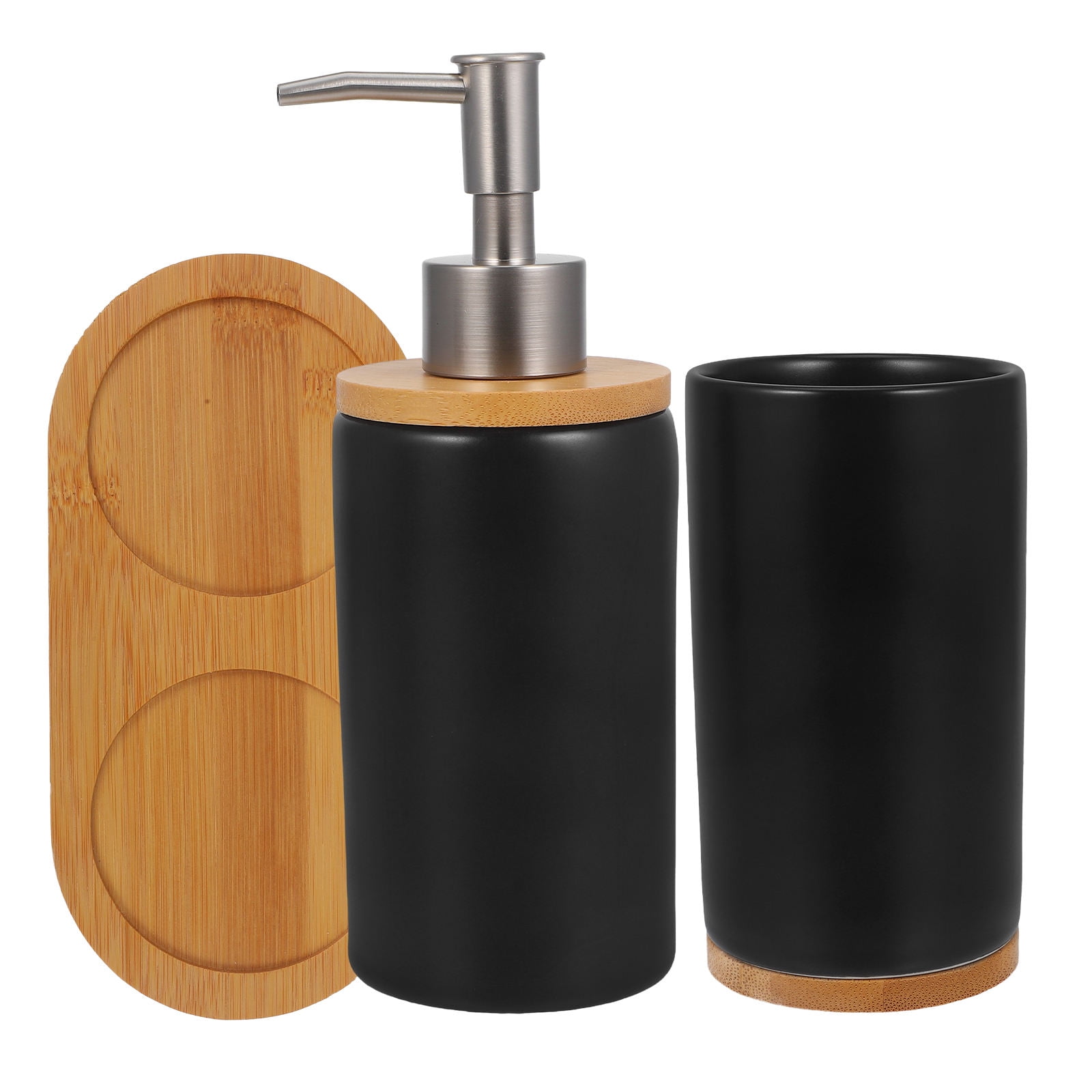 HOOWIFFY 1 Set Black Ceramic Bamboo Bathroom Essentials Toothbrush Holder Soap Dispenser Storage - Image 4