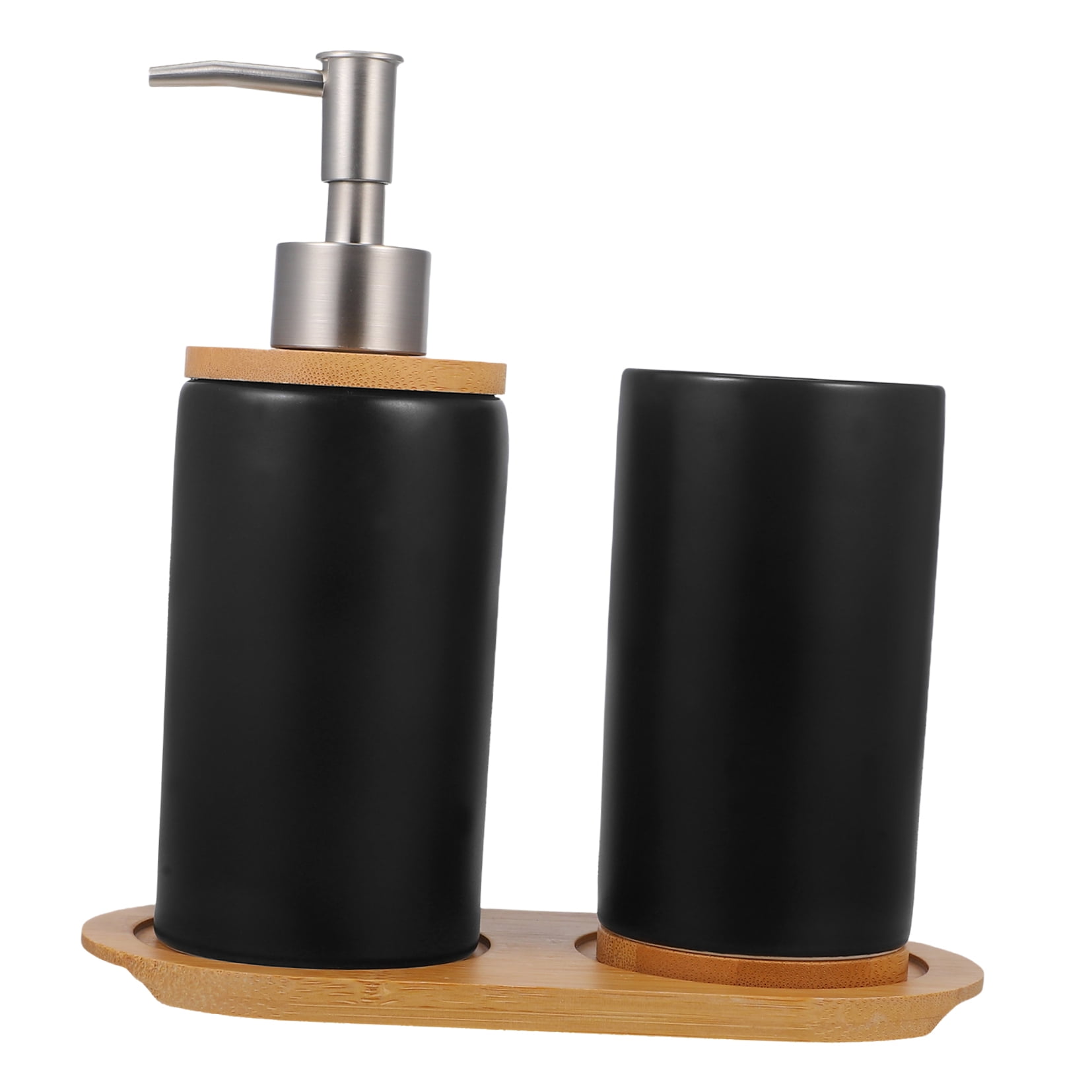 HOOWIFFY 1 Set Black Ceramic Bamboo Bathroom Essentials Toothbrush Holder Soap Dispenser Storage - Image 5