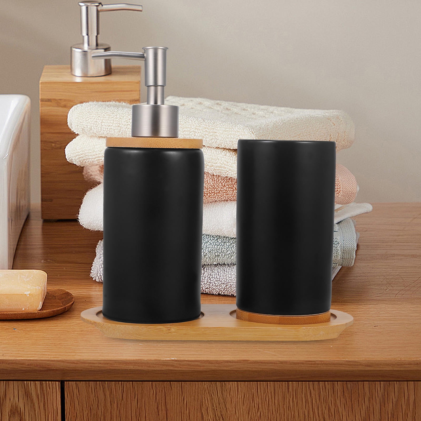 HOOWIFFY 1 Set Black Ceramic Bamboo Bathroom Essentials Toothbrush Holder Soap Dispenser Storage - Image 6