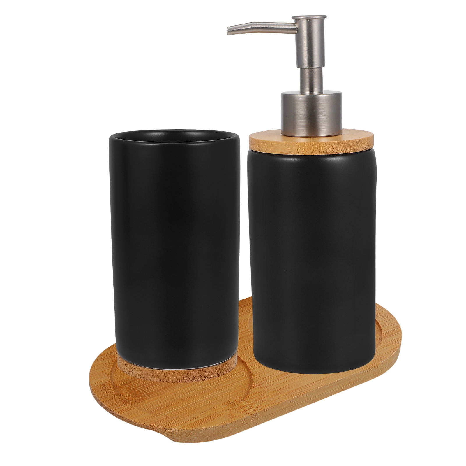HOOWIFFY 1 Set Black Ceramic Bamboo Bathroom Essentials Toothbrush Holder Soap Dispenser Storage - Image 7