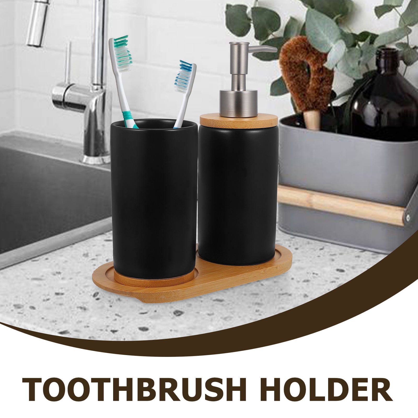 HOOWIFFY 1 Set Black Ceramic Bamboo Bathroom Essentials Toothbrush Holder Soap Dispenser Storage - Image 8