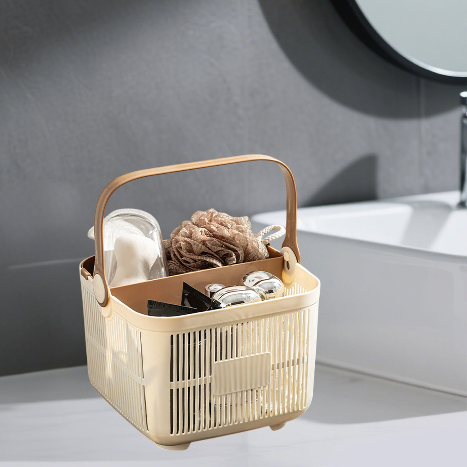 Kdkad Shower Caddy with Dry Wet Separation - Portable PP Plastic Bath Tote for College Dorms, Large Bathroom Organizer Basket with Drain Holes & Rust-Free Hooks 9.4×6.7 in Gray - Image 1