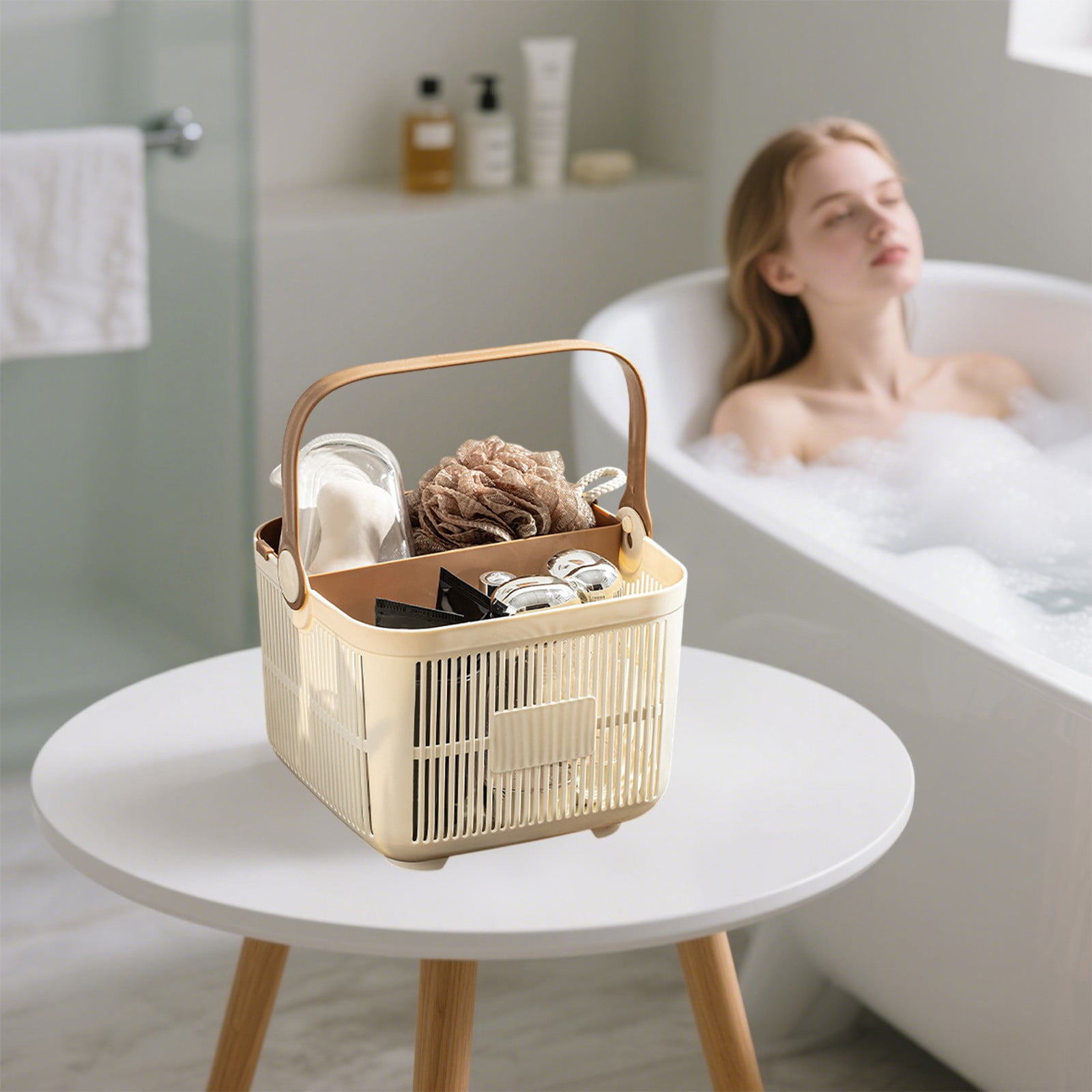 Kdkad Shower Caddy with Dry Wet Separation - Portable PP Plastic Bath Tote for College Dorms, Large Bathroom Organizer Basket with Drain Holes & Rust-Free Hooks 9.4×6.7 in White - Image 3