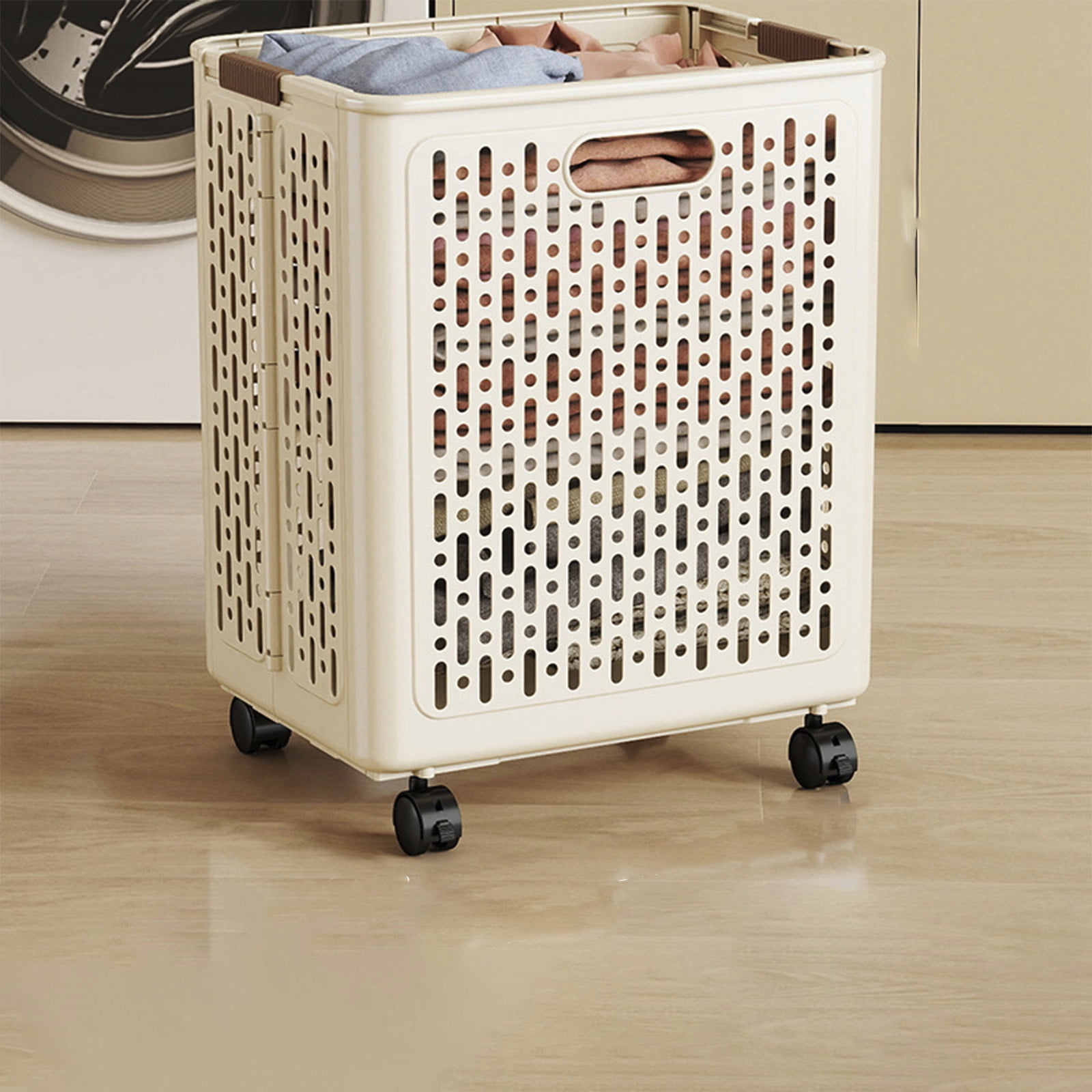 Chmadoxn Collapsible Laundry Hamper with Wheels - Foldable Storage Basket for Clothes, Toys & Organizing | Rolling Linen Cart w/ Handle, Portable Closet Utility Bin 18 Inch Tall Beige - Image 1
