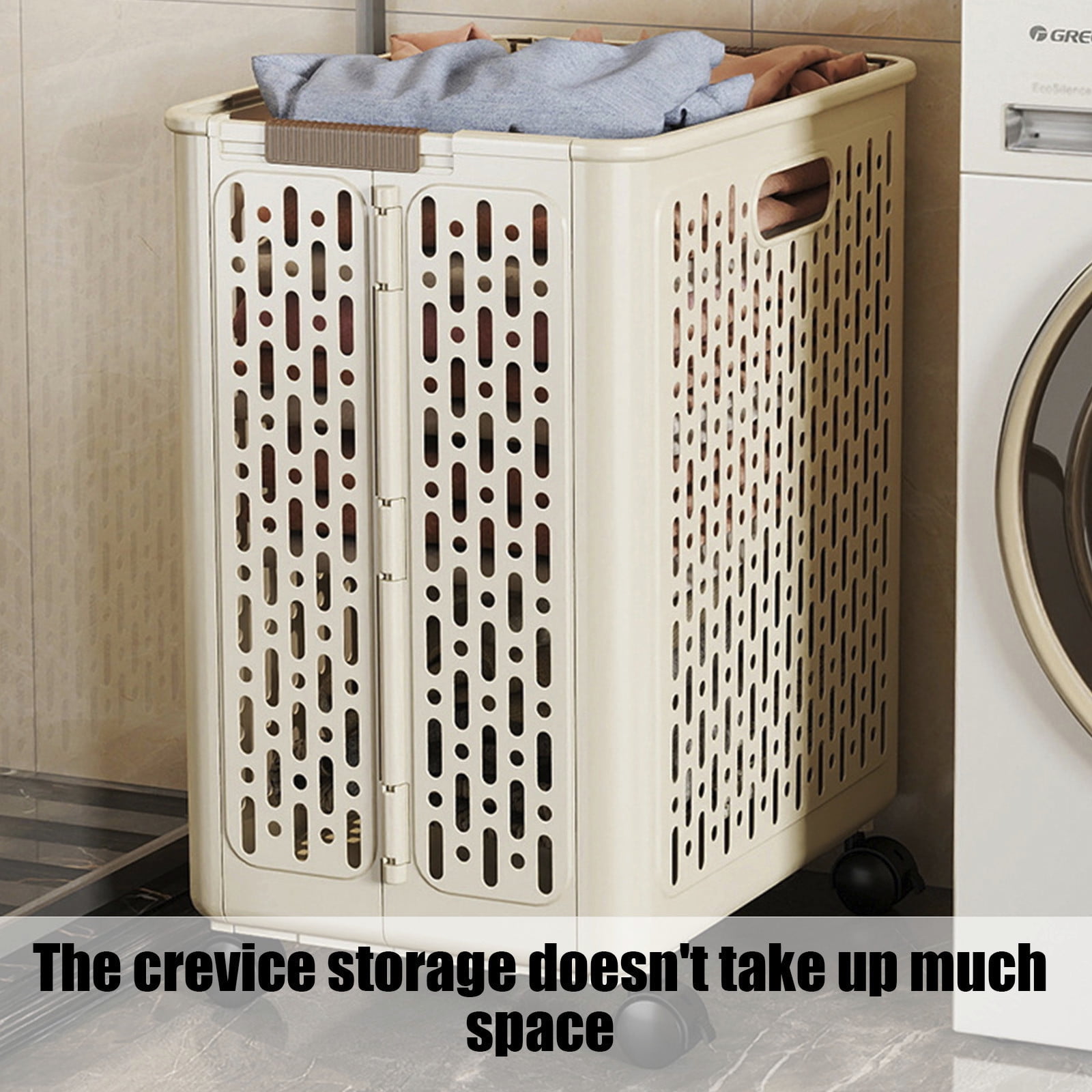 Chmadoxn Collapsible Laundry Hamper with Wheels - Foldable Storage Basket for Clothes, Toys & Organizing | Rolling Linen Cart w/ Handle, Portable Closet Utility Bin 18 Inch Tall Beige - Image 5